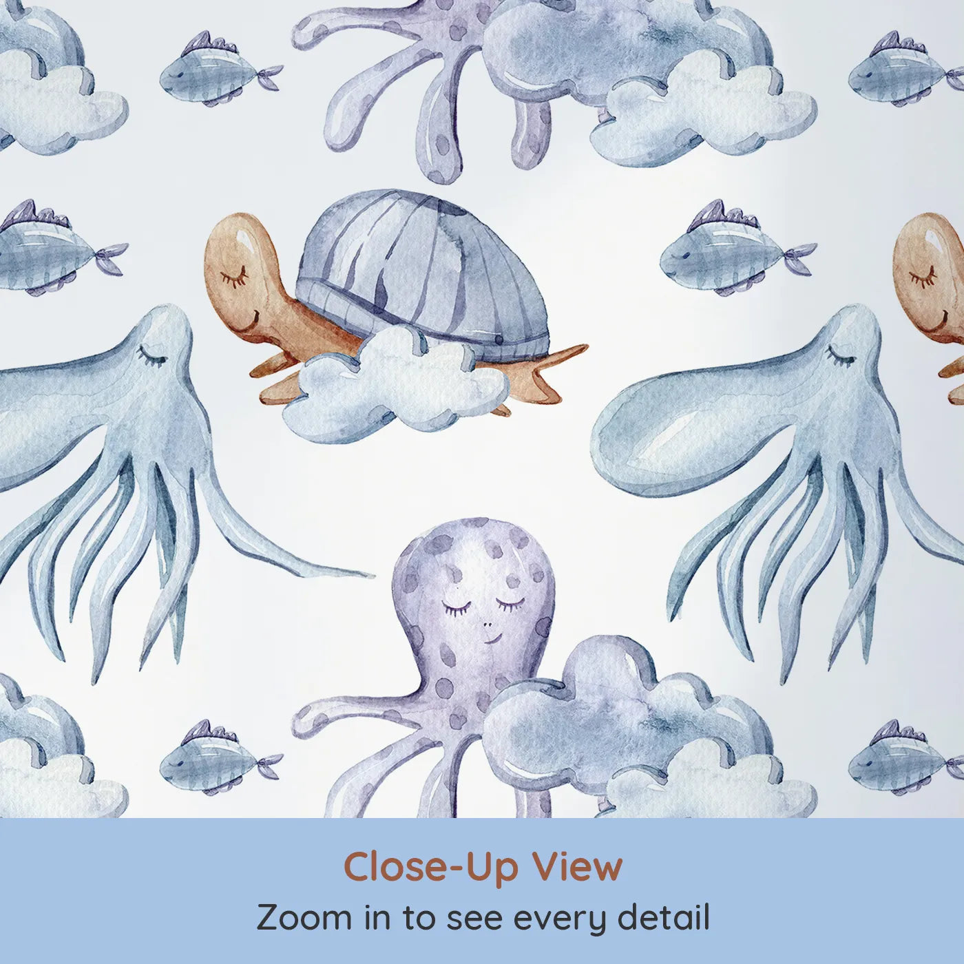 Close-up view of Whimsy Tots' Ocean Cloud Cuddle Wallpaper in White (W3425A).Sleepy turtles and octopuses nestle on watercolor clouds.