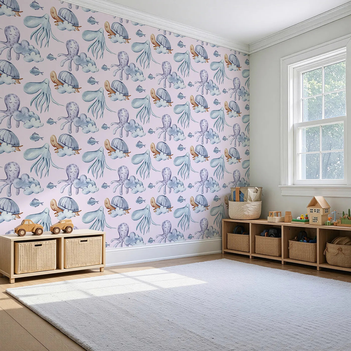Angled view of Whimsy Tots' Ocean Cloud Cuddle Wallpaper in Blush Pink (W3425B).Sleepy turtles and octopuses nestle on watercolor clouds.