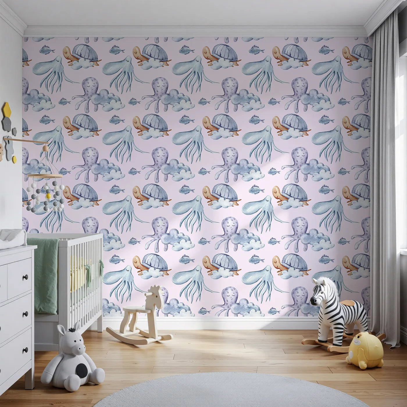 Front view of Whimsy Tots' Ocean Cloud Cuddle Wallpaper in Blush Pink