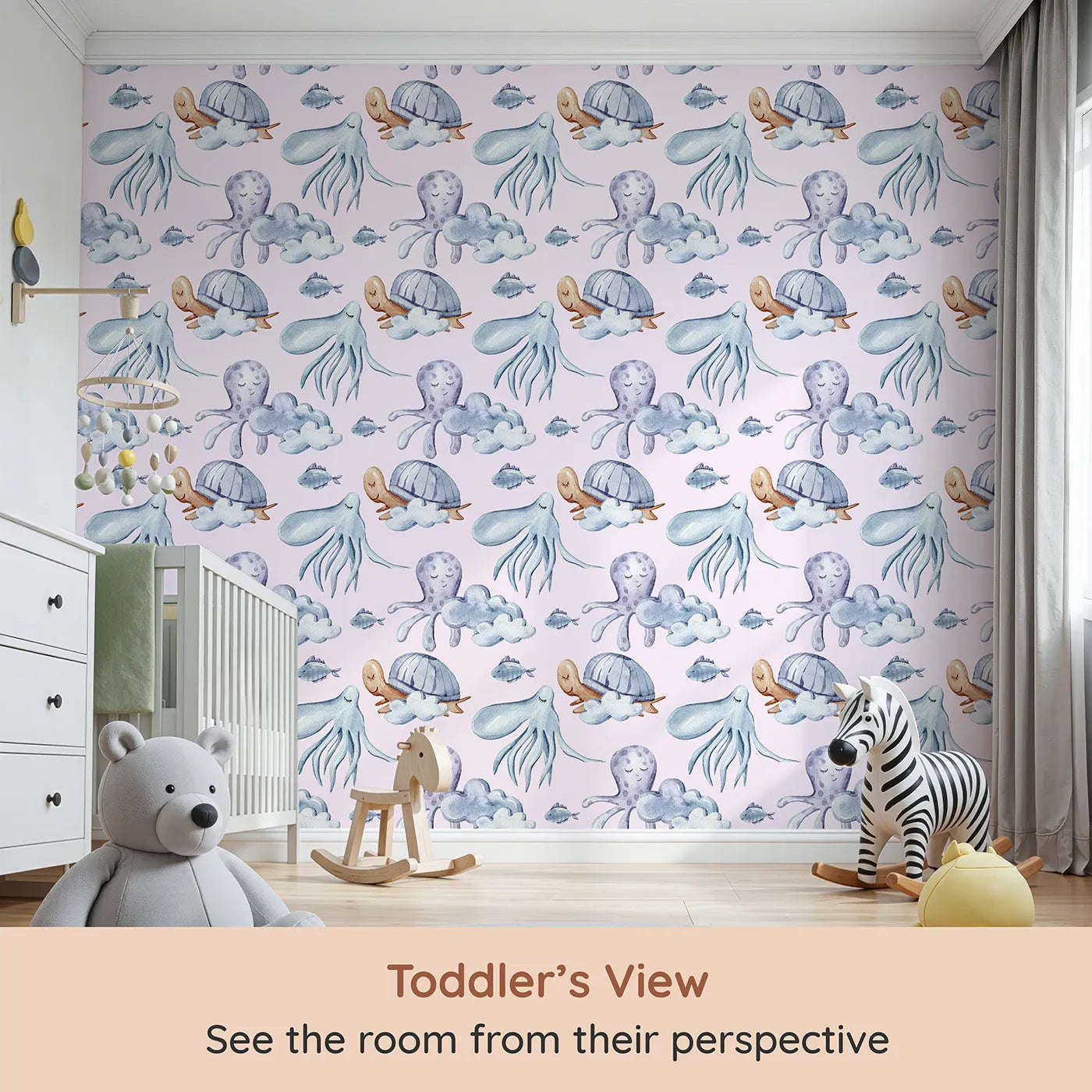 Whimsy Tots Ocean Cloud Cuddle Wallpaper in Blush Pink (W3425B) from your child's view.Sleepy turtles and octopuses nestle on watercolor clouds.