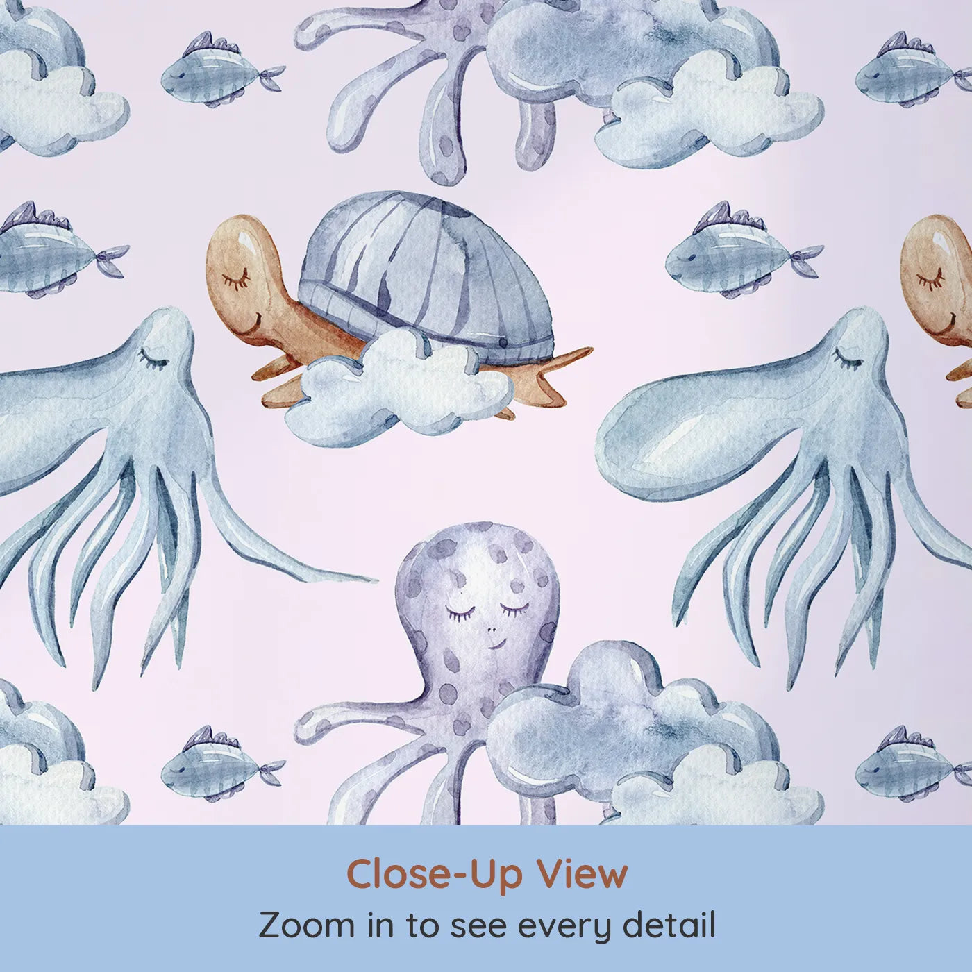 Close-up view of Whimsy Tots' Ocean Cloud Cuddle Wallpaper in Blush Pink (W3425B).Sleepy turtles and octopuses nestle on watercolor clouds.