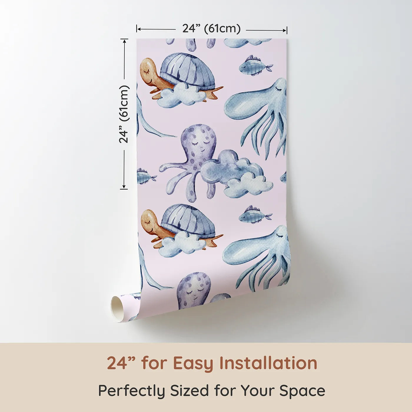 Dimension view of Whimsy Tots Ocean Cloud Cuddle Wallpaper in Blush Pink (W3425B). Printed in 24-inch-wide panel for easy installation. Sleepy turtles and octopuses nestle on watercolor clouds.