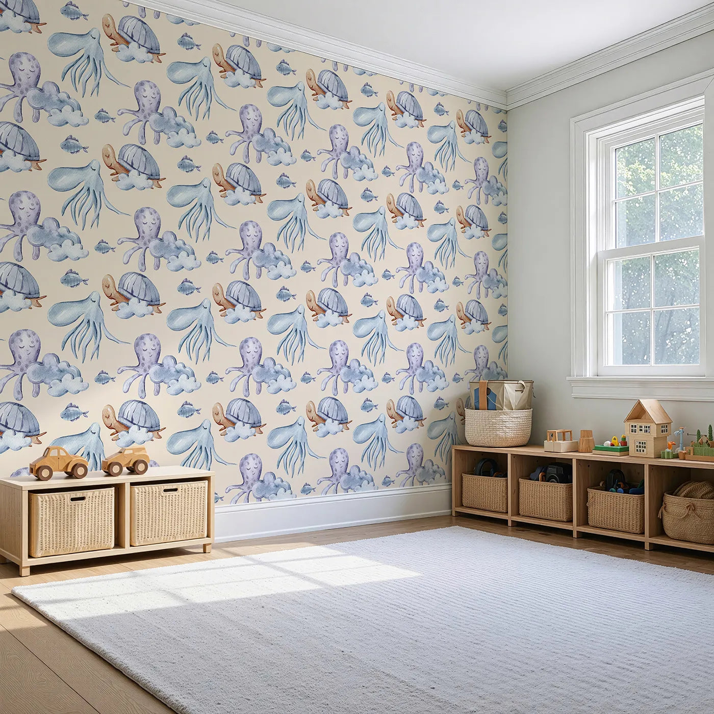 Angled view of Whimsy Tots' Ocean Cloud Cuddle Wallpaper in Beige (W3425C).Sleepy turtles and octopuses nestle on watercolor clouds.