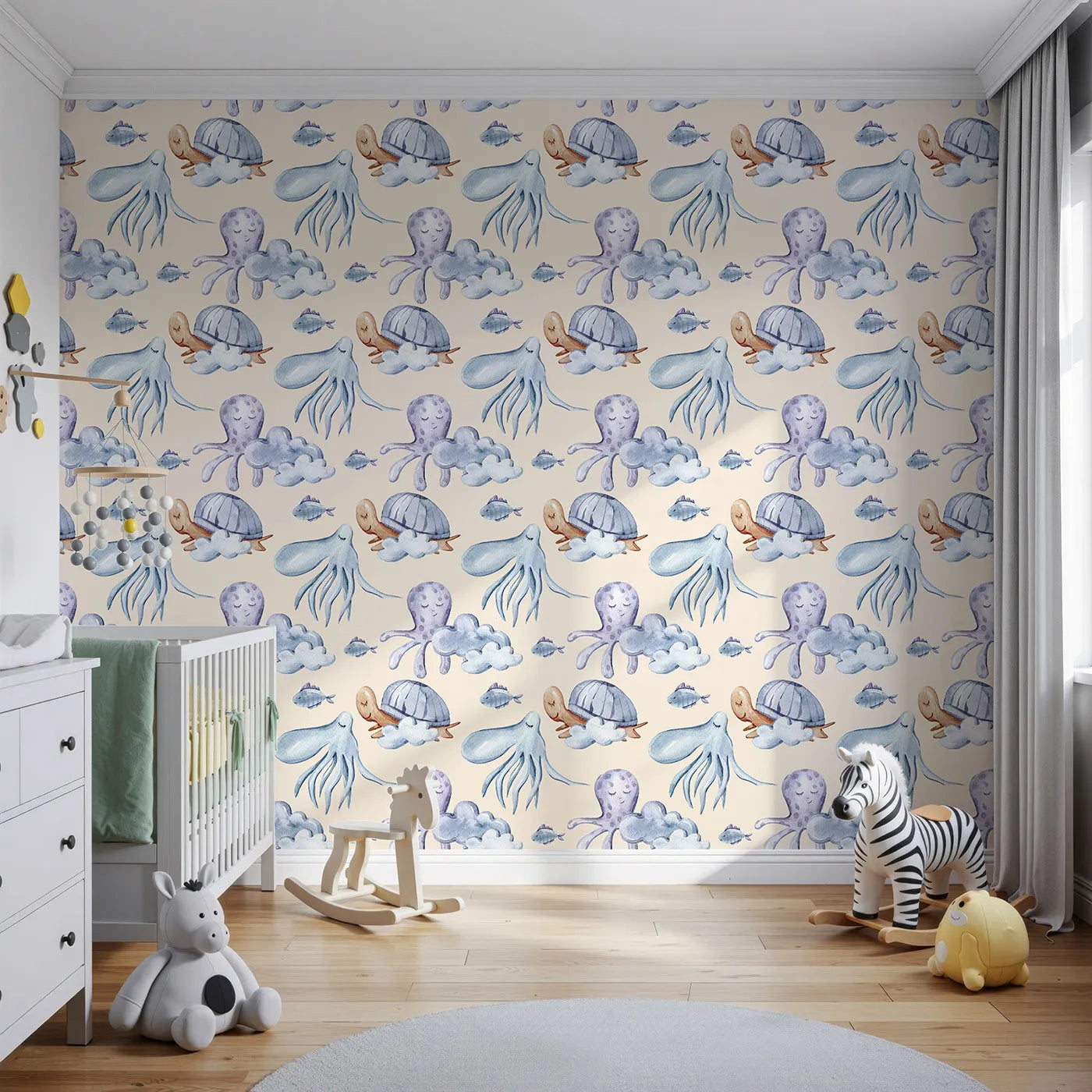 Front view of Whimsy Tots' Ocean Cloud Cuddle Wallpaper in Beige