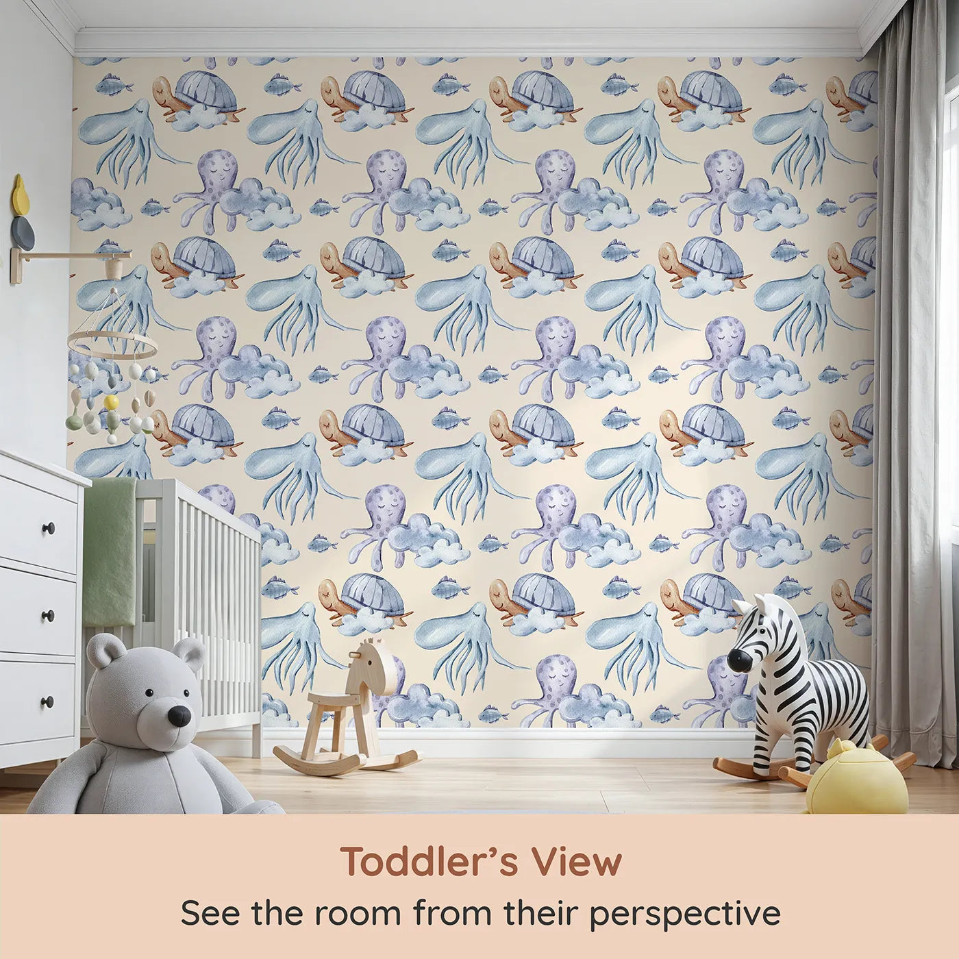 Whimsy Tots Ocean Cloud Cuddle Wallpaper in Beige (W3425C) from your child's view.Sleepy turtles and octopuses nestle on watercolor clouds.