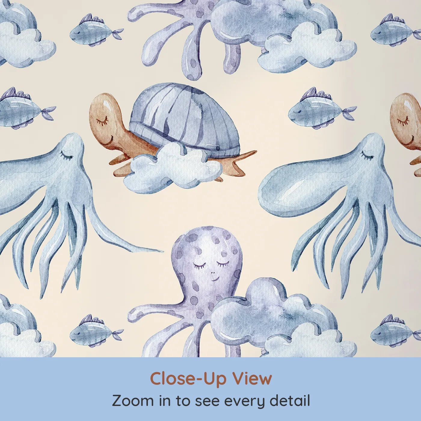 Close-up view of Whimsy Tots' Ocean Cloud Cuddle Wallpaper in Beige (W3425C).Sleepy turtles and octopuses nestle on watercolor clouds.