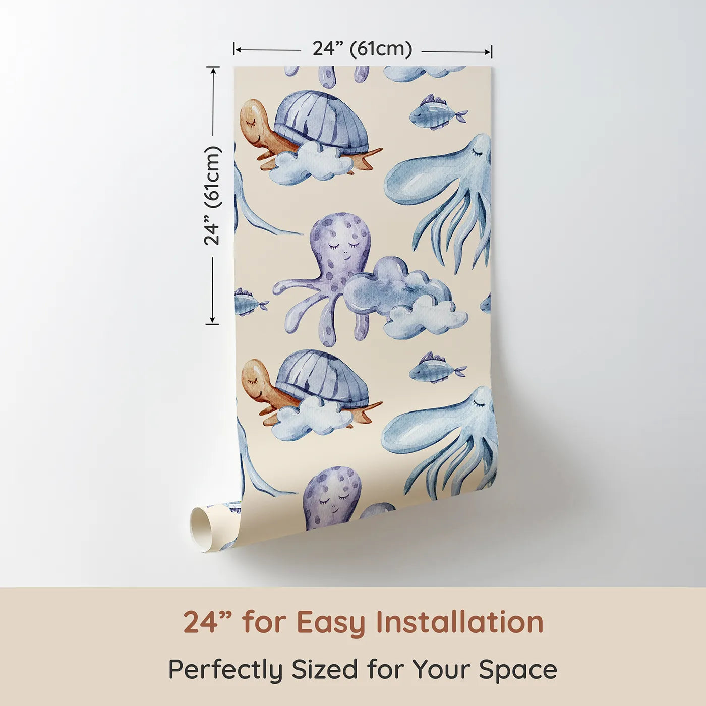 Dimension view of Whimsy Tots Ocean Cloud Cuddle Wallpaper in Beige (W3425C). Printed in 24-inch-wide panel for easy installation. Sleepy turtles and octopuses nestle on watercolor clouds.