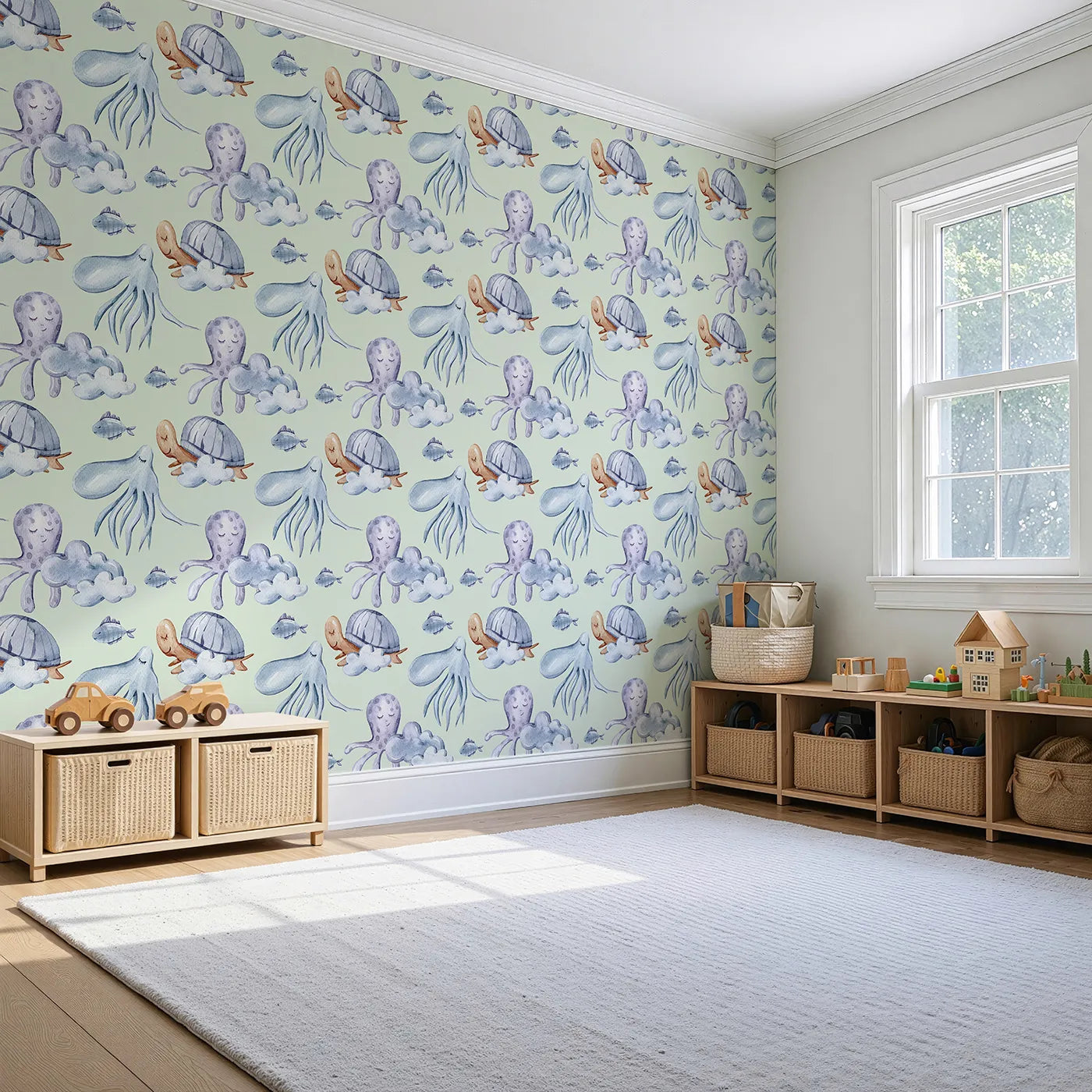 Angled view of Whimsy Tots' Ocean Cloud Cuddle Wallpaper in Mint Green (W3425D).Sleepy turtles and octopuses nestle on watercolor clouds.