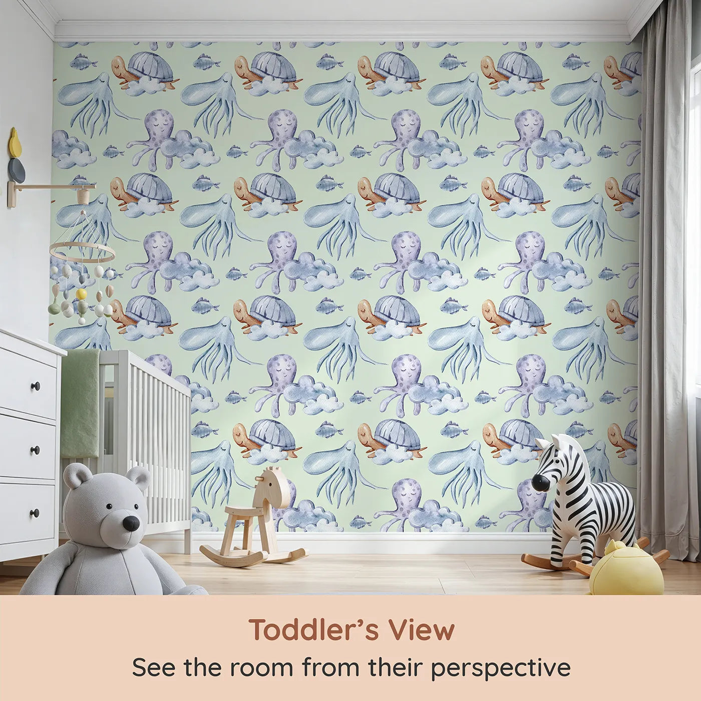 Whimsy Tots Ocean Cloud Cuddle Wallpaper in Mint Green (W3425D) from your child's view.Sleepy turtles and octopuses nestle on watercolor clouds.