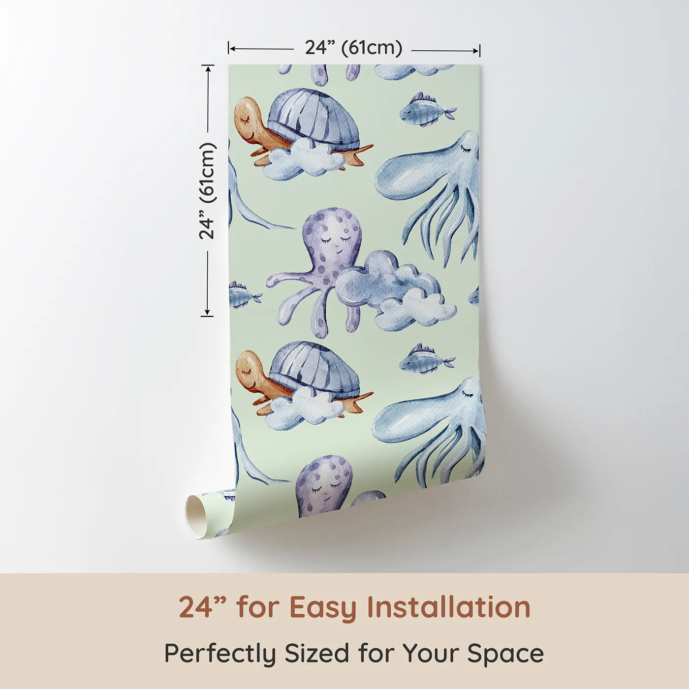 Dimension view of Whimsy Tots Ocean Cloud Cuddle Wallpaper in Mint Green (W3425D). Printed in 24-inch-wide panel for easy installation. Sleepy turtles and octopuses nestle on watercolor clouds.