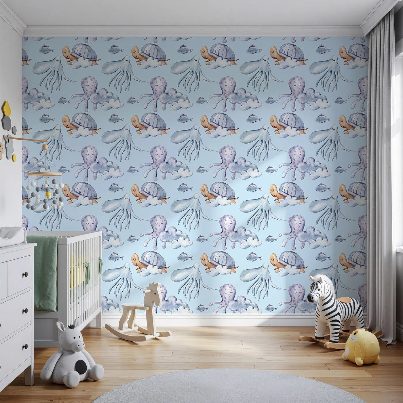 Front view of Whimsy Tots' Ocean Cloud Cuddle Wallpaper in Sky Blue