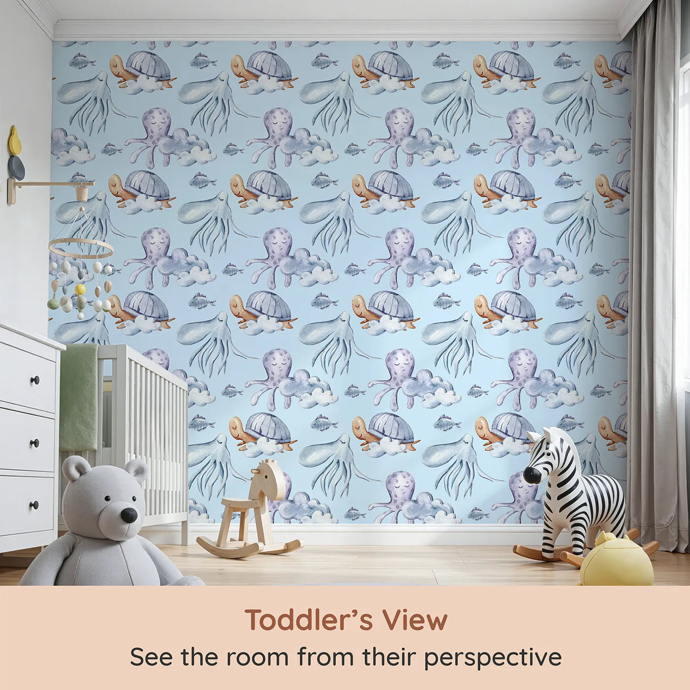 Whimsy Tots Ocean Cloud Cuddle Wallpaper in Sky Blue (W3425E) from your child's view.Sleepy turtles and octopuses nestle on watercolor clouds.