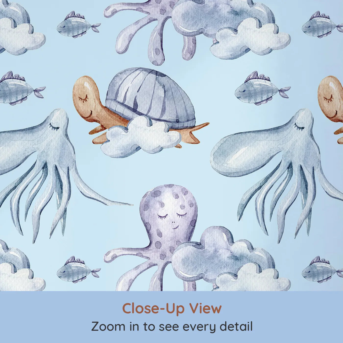 Close-up view of Whimsy Tots' Ocean Cloud Cuddle Wallpaper in Sky Blue (W3425E).Sleepy turtles and octopuses nestle on watercolor clouds.