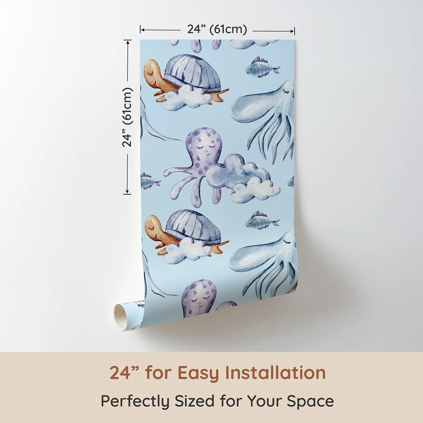 Dimension view of Whimsy Tots Ocean Cloud Cuddle Wallpaper in Sky Blue (W3425E). Printed in 24-inch-wide panel for easy installation. Sleepy turtles and octopuses nestle on watercolor clouds.