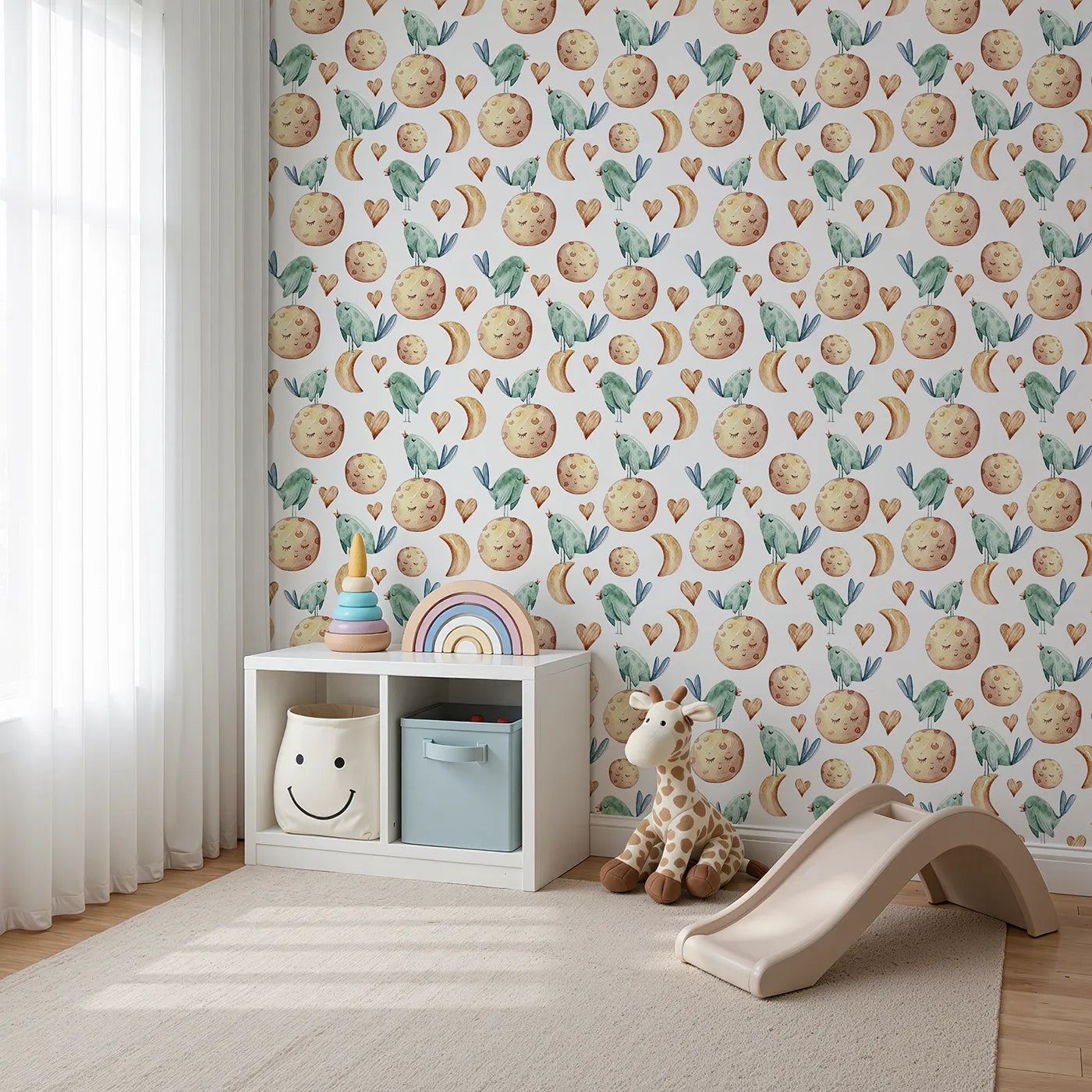Angled view of Whimsy Tots' Lunar Lullaby Birds Wallpaper in White (W3426A).Singing birds and sleepy moons fill the sky with gentle nighttime magic.