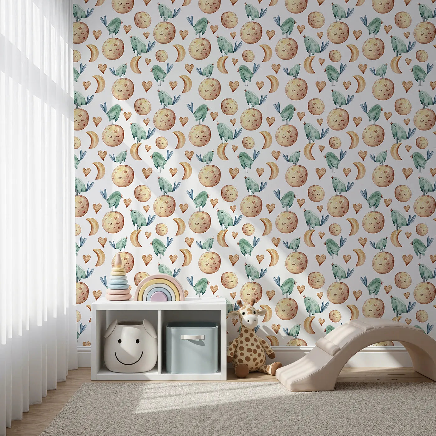 Front view of Whimsy Tots' Lunar Lullaby Birds Wallpaper in White