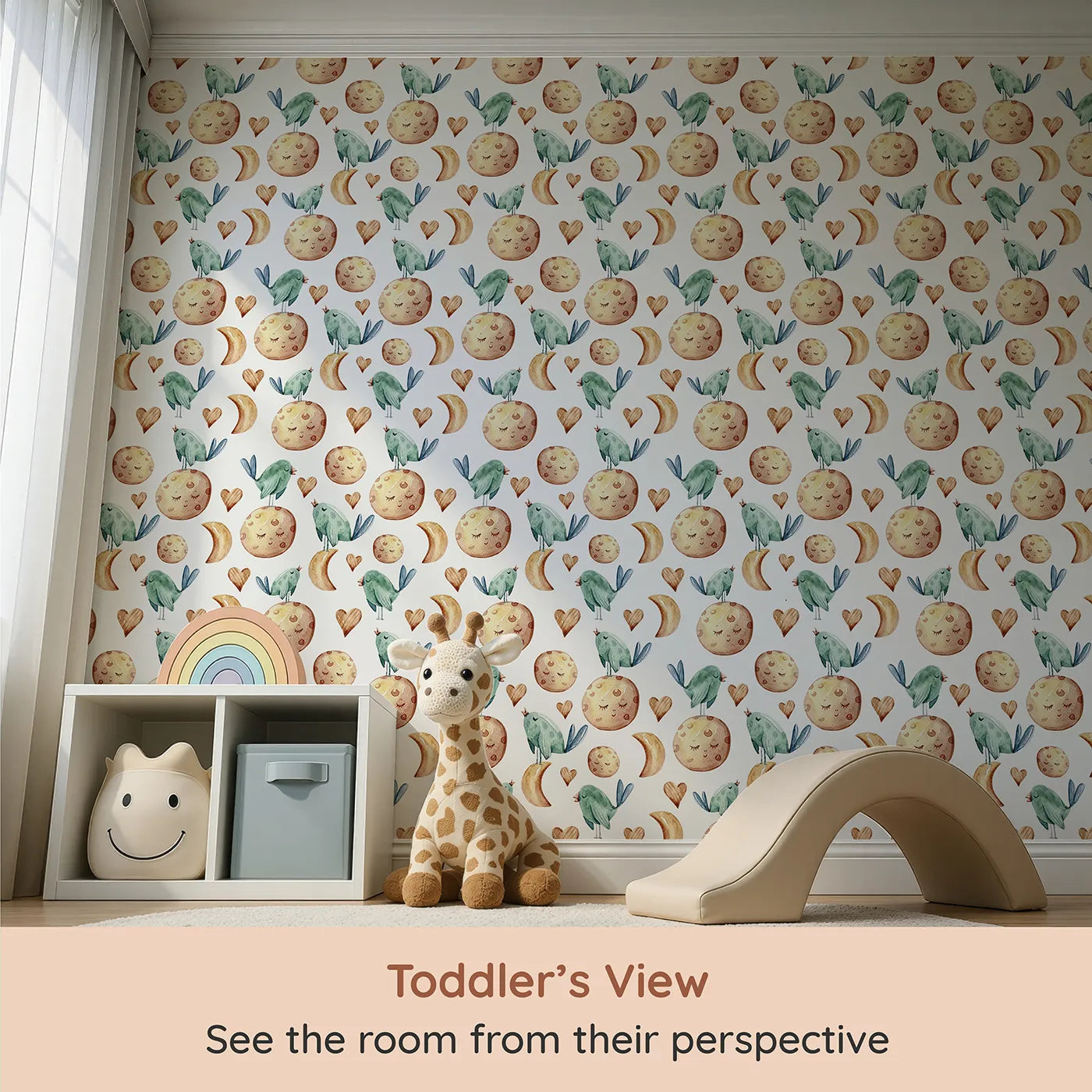 Whimsy Tots Lunar Lullaby Birds Wallpaper in White (W3426A) from your child's view.Singing birds and sleepy moons fill the sky with gentle nighttime magic.