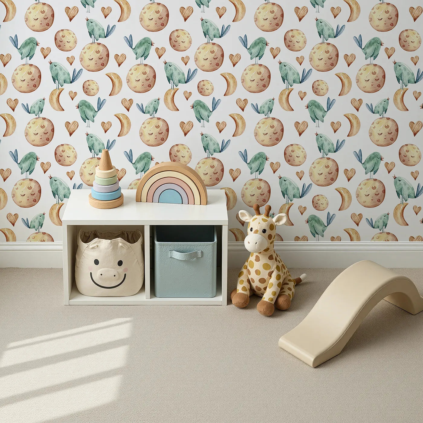 Top-Down view of Whimsy Tots' Lunar Lullaby Birds Wallpaper in White (W3426A).Singing birds and sleepy moons fill the sky with gentle nighttime magic.