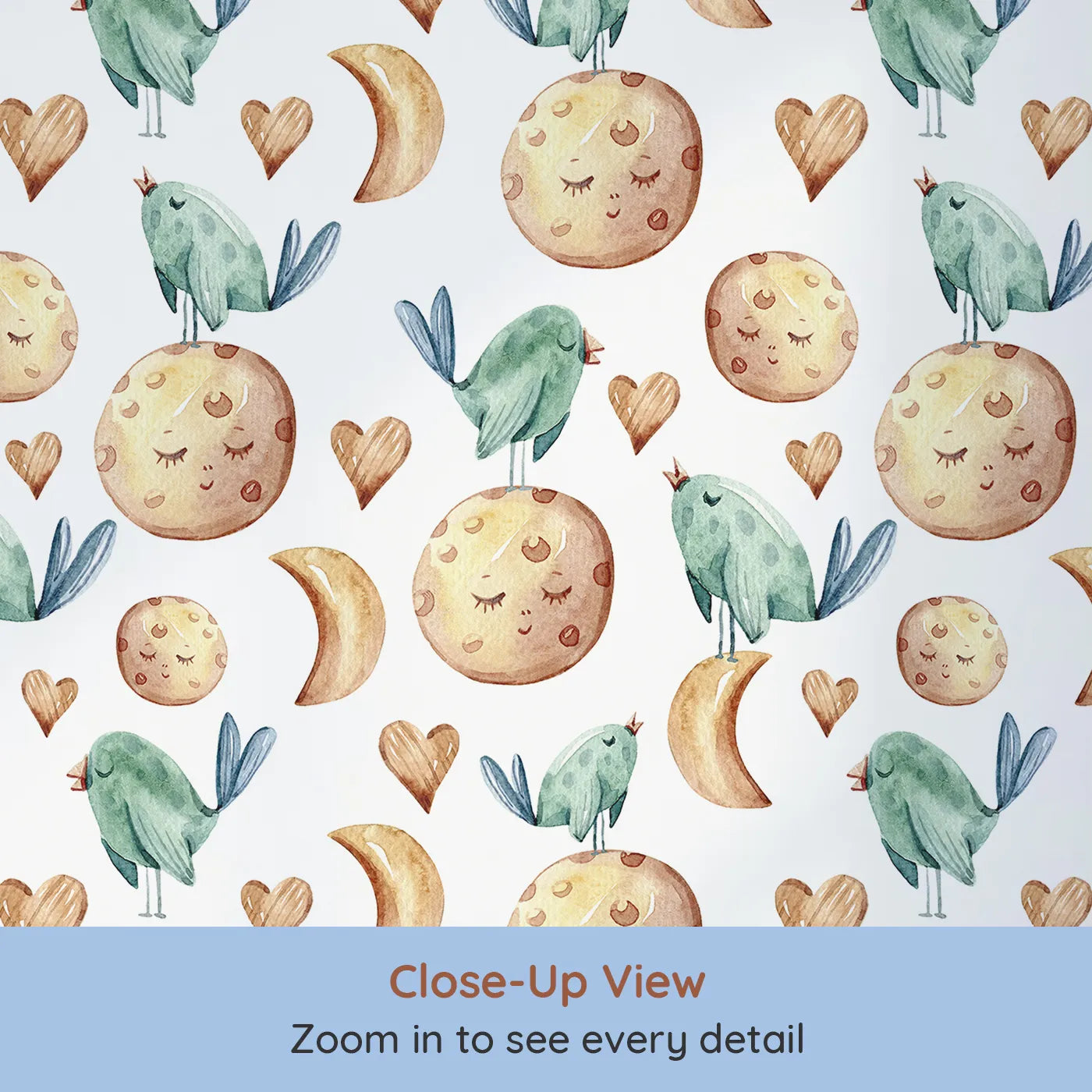 Close-up view of Whimsy Tots' Lunar Lullaby Birds Wallpaper in White (W3426A).Singing birds and sleepy moons fill the sky with gentle nighttime magic.