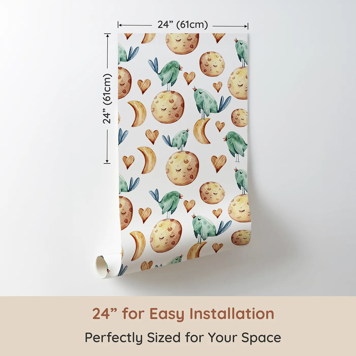 Dimension view of Whimsy Tots Lunar Lullaby Birds Wallpaper in White (W3426A). Printed in 24-inch-wide panel for easy installation. Singing birds and sleepy moons fill the sky with gentle nighttime magic.