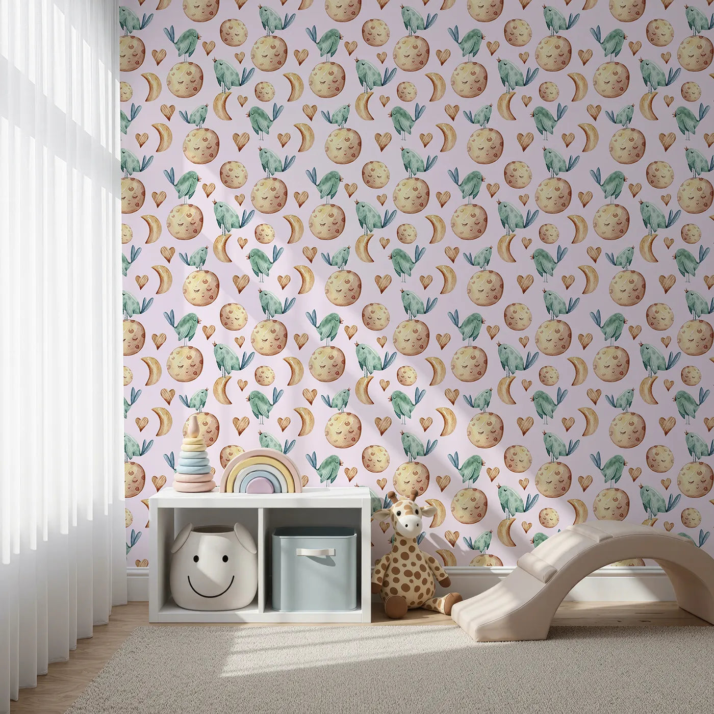 Front view of Whimsy Tots' Lunar Lullaby Birds Wallpaper in Blush Pink
