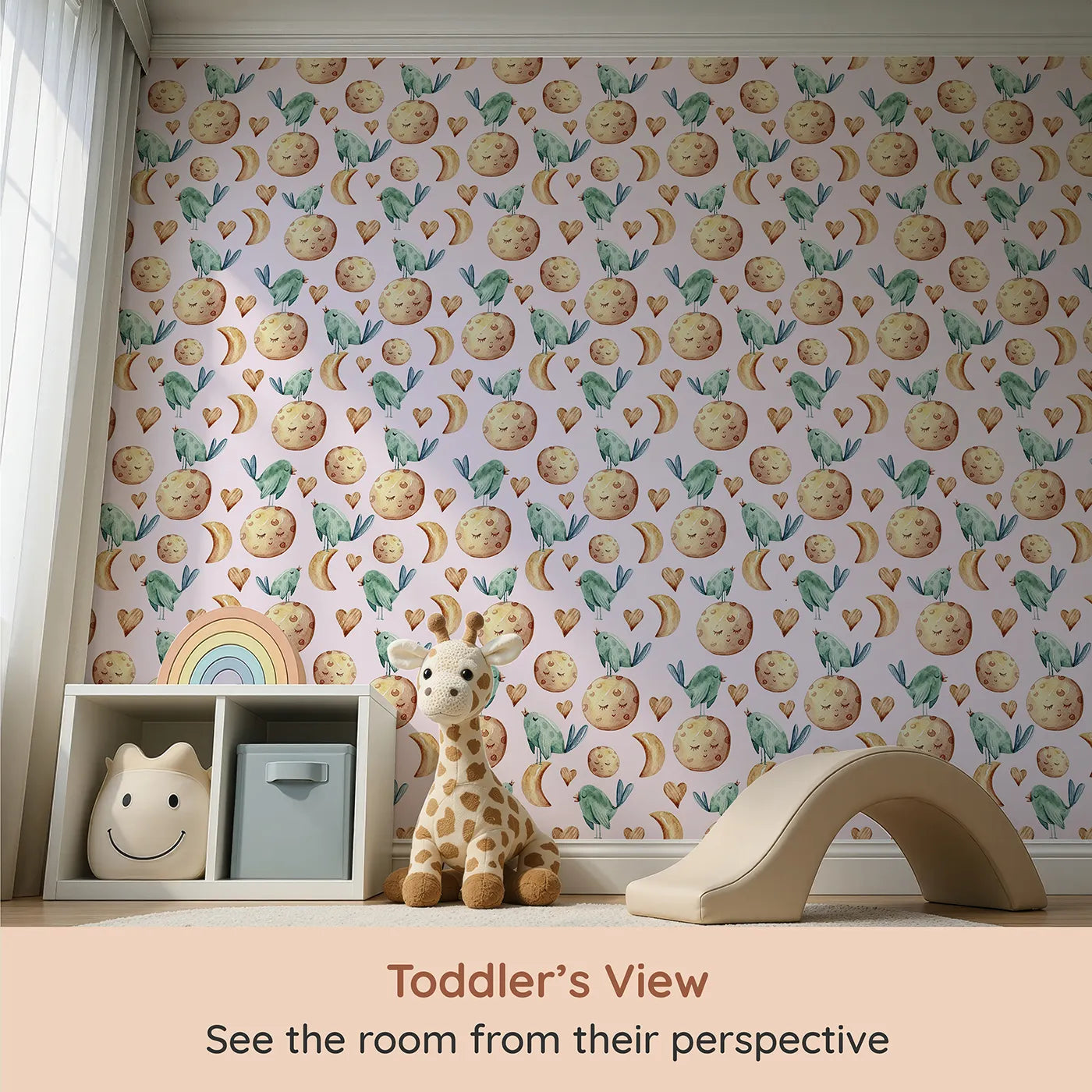 Whimsy Tots Lunar Lullaby Birds Wallpaper in Blush Pink (W3426B) from your child's view.Singing birds and dreamy moons float across a rosy pink sky.