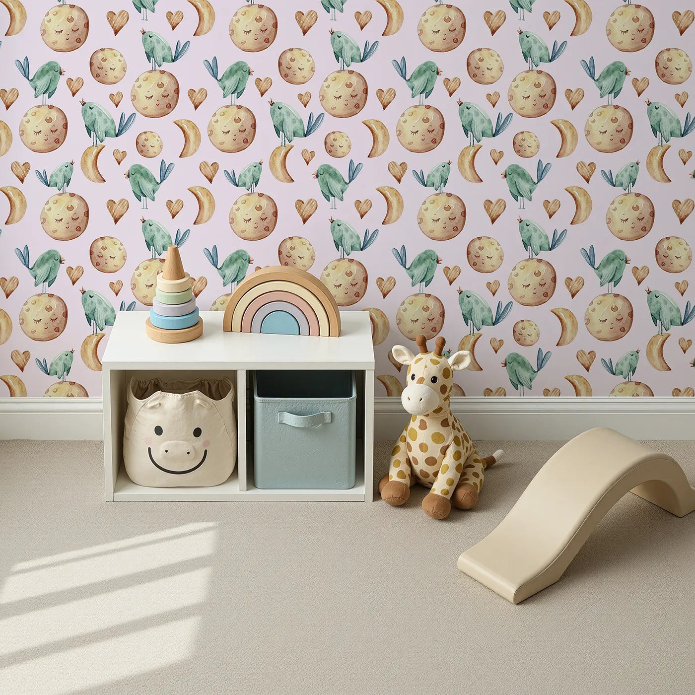 Top-Down view of Whimsy Tots' Lunar Lullaby Birds Wallpaper in Blush Pink (W3426B).Singing birds and dreamy moons float across a rosy pink sky.