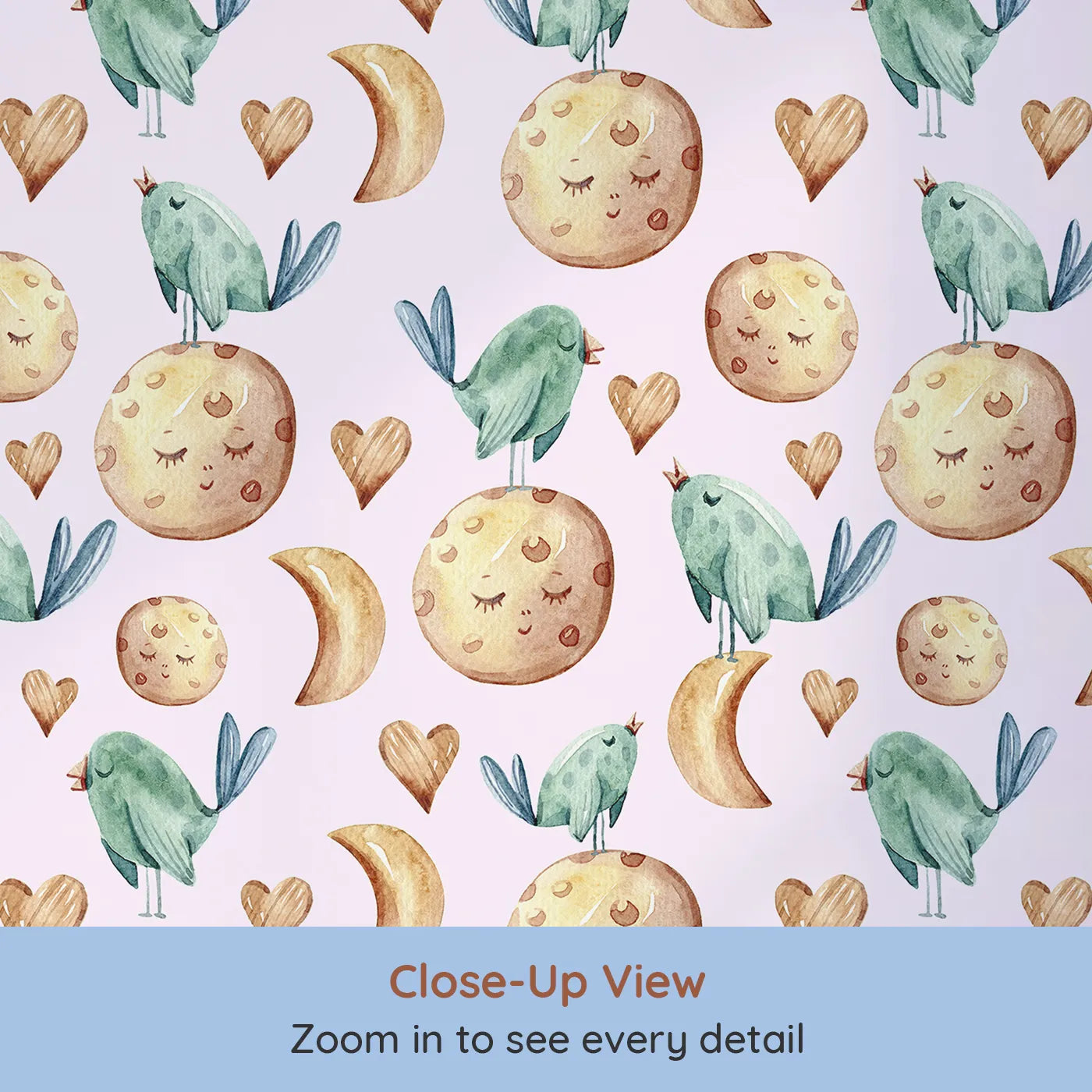 Close-up view of Whimsy Tots' Lunar Lullaby Birds Wallpaper in Blush Pink (W3426B).Singing birds and dreamy moons float across a rosy pink sky.