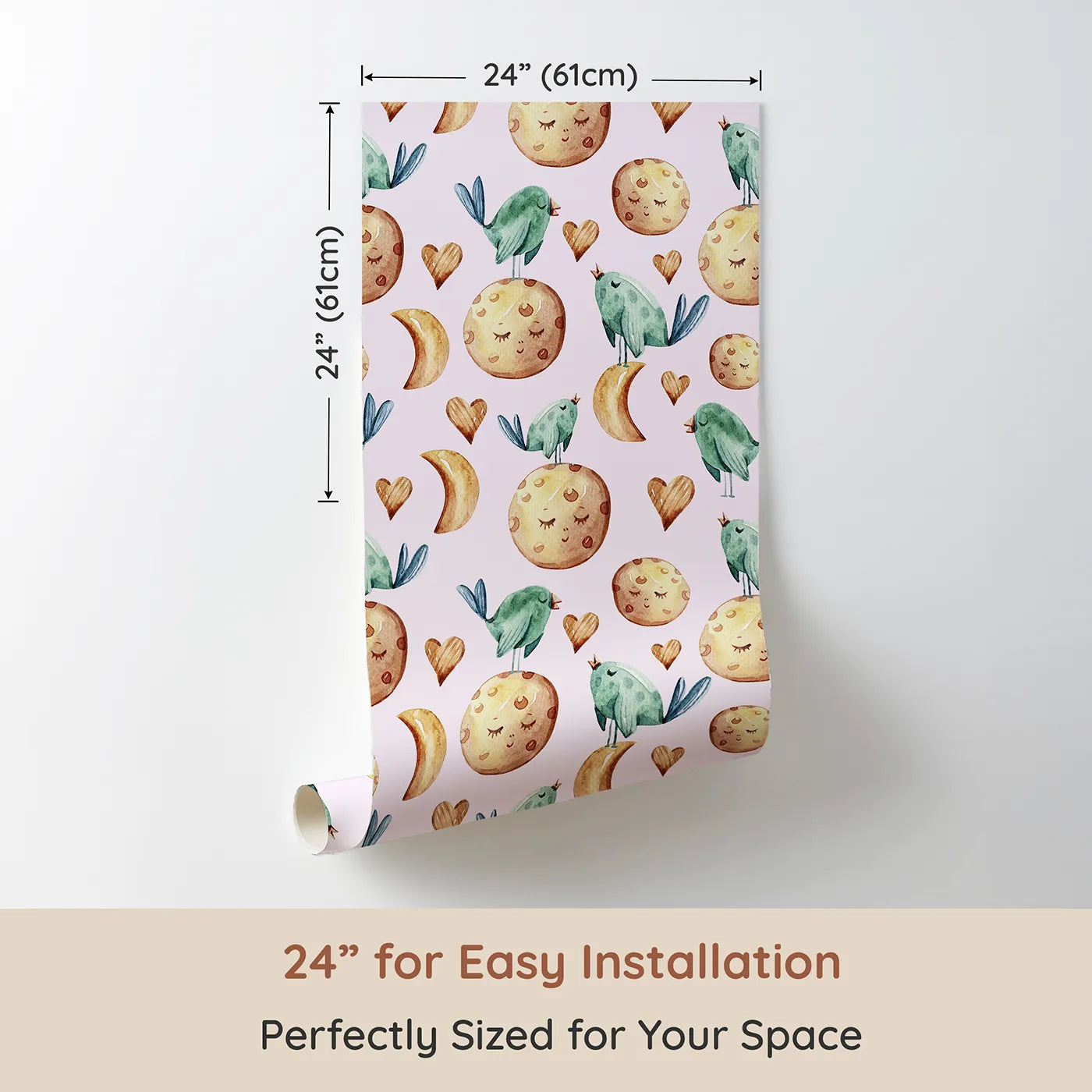 Dimension view of Whimsy Tots Lunar Lullaby Birds Wallpaper in Blush Pink (W3426B). Printed in 24-inch-wide panel for easy installation. Singing birds and dreamy moons float across a rosy pink sky.