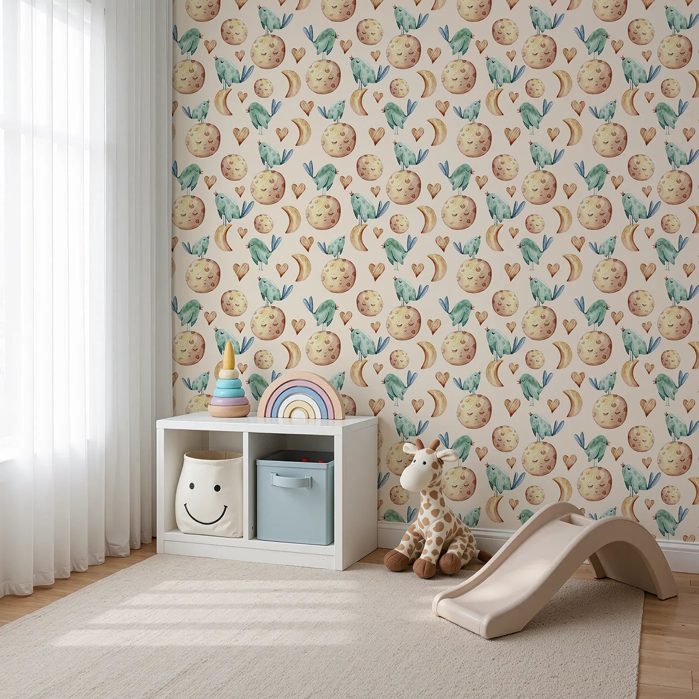 Angled view of Whimsy Tots' Lunar Lullaby Birds Wallpaper in Sand (W3426C).Dreamy birds and smiling moons drift through cozy golden skies.