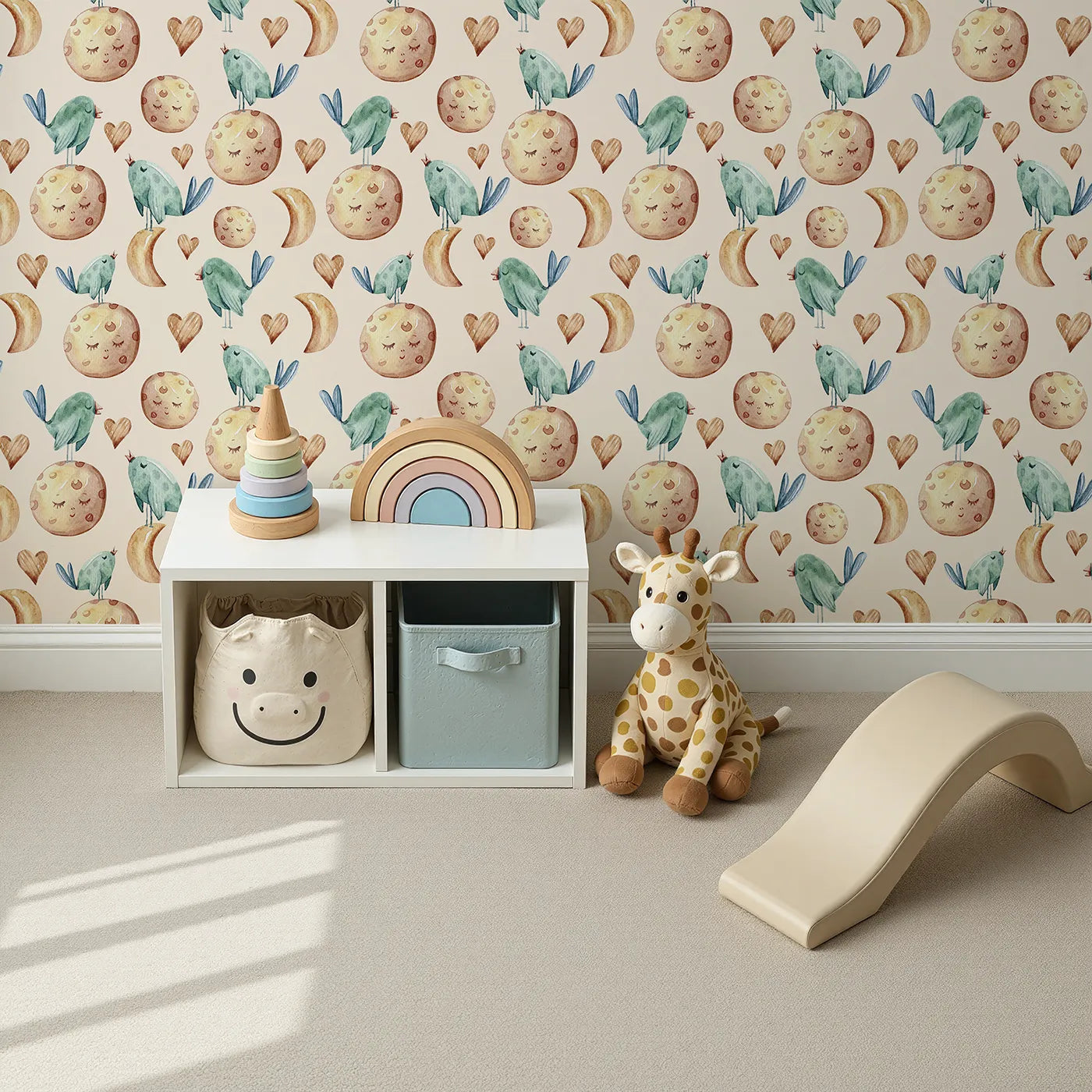 Top-Down view of Whimsy Tots' Lunar Lullaby Birds Wallpaper in Sand (W3426C).Dreamy birds and smiling moons drift through cozy golden skies.