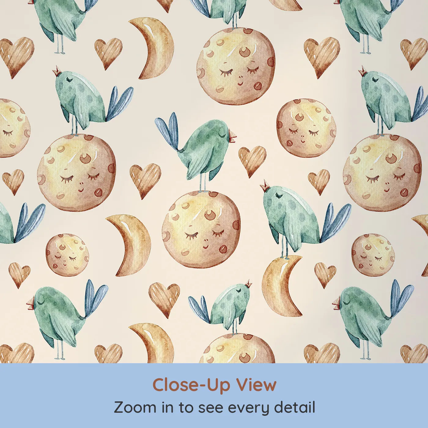 Close-up view of Whimsy Tots' Lunar Lullaby Birds Wallpaper in Sand (W3426C).Dreamy birds and smiling moons drift through cozy golden skies.