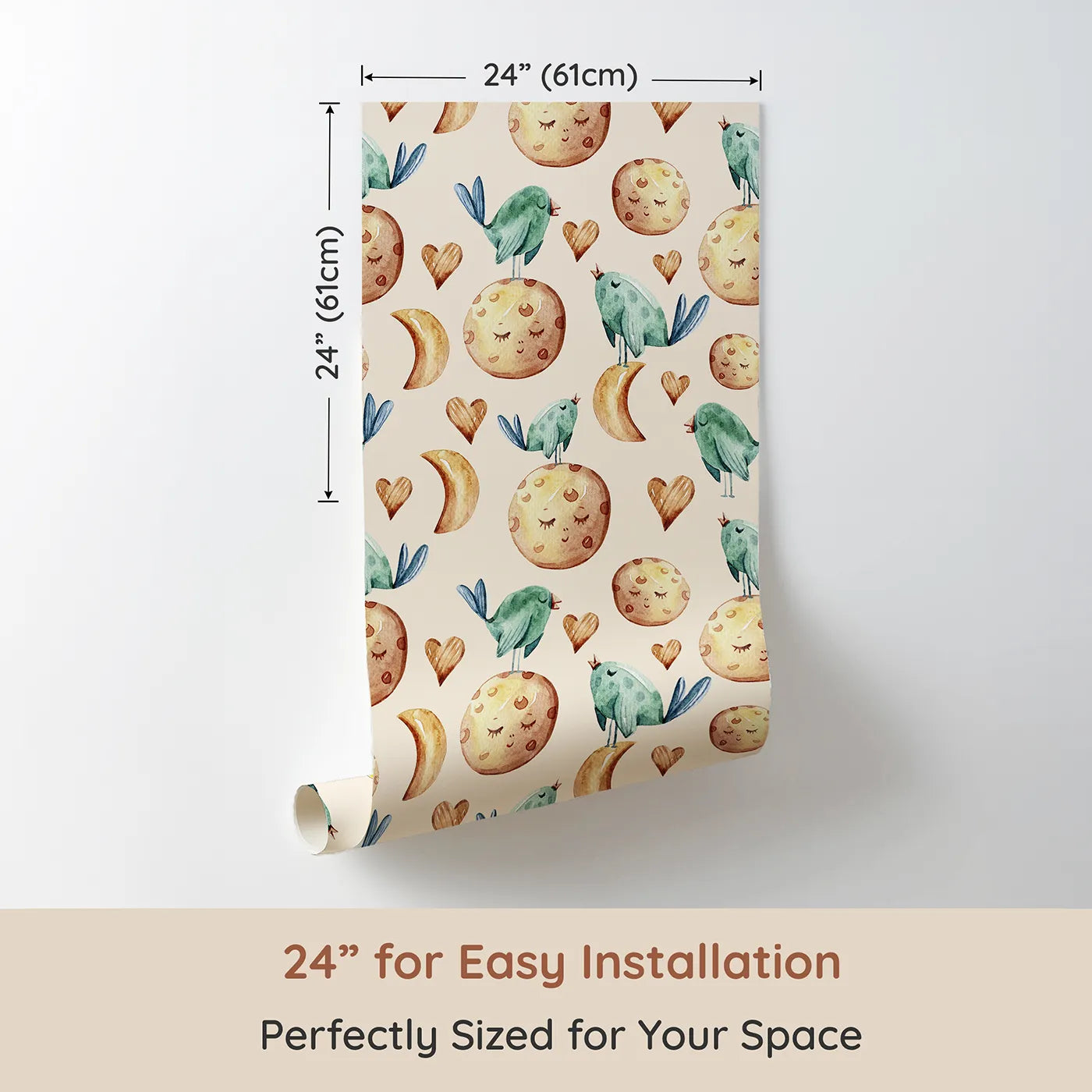 Dimension view of Whimsy Tots Lunar Lullaby Birds Wallpaper in Sand (W3426C). Printed in 24-inch-wide panel for easy installation. Dreamy birds and smiling moons drift through cozy golden skies.