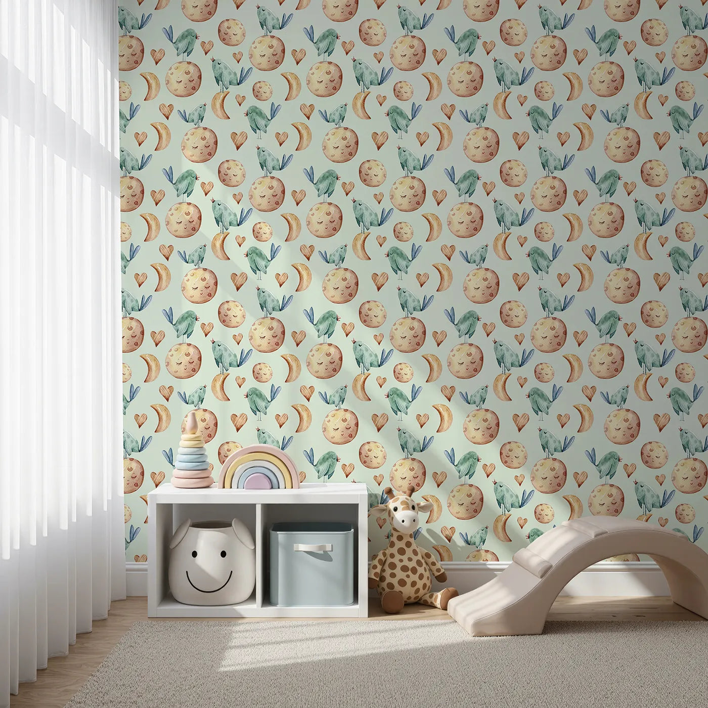 Front view of Whimsy Tots' Lunar Lullaby Birds Wallpaper in Mint Green