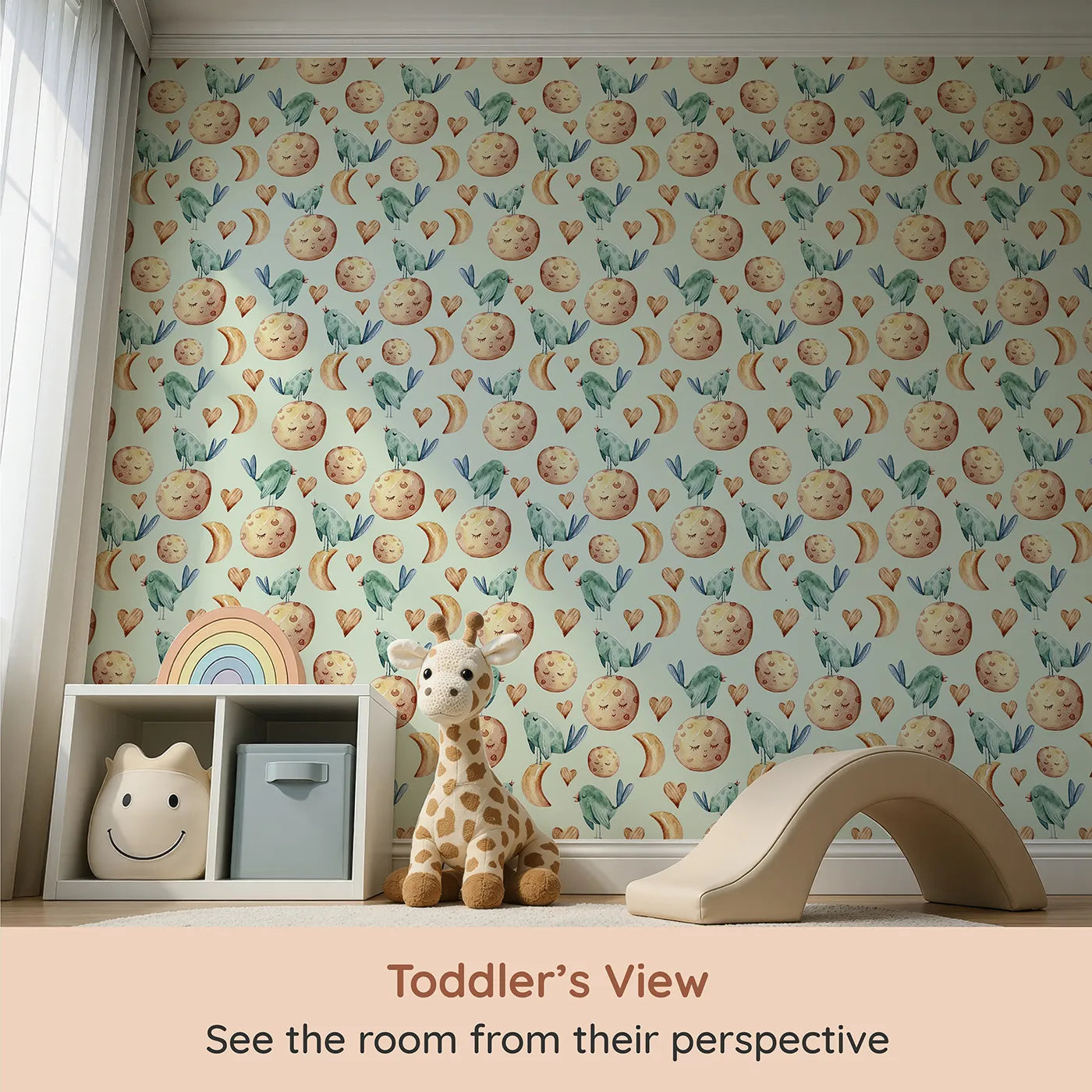 Whimsy Tots Lunar Lullaby Birds Wallpaper in Mint Green (W3426D) from your child's view.Birds, moons, and hearts float gently through a minty green night.