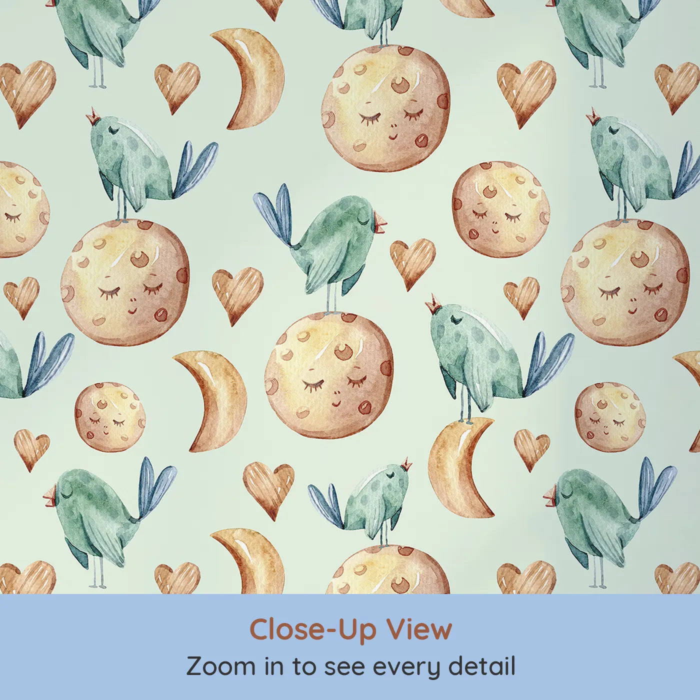 Close-up view of Whimsy Tots' Lunar Lullaby Birds Wallpaper in Mint Green (W3426D).Birds, moons, and hearts float gently through a minty green night.