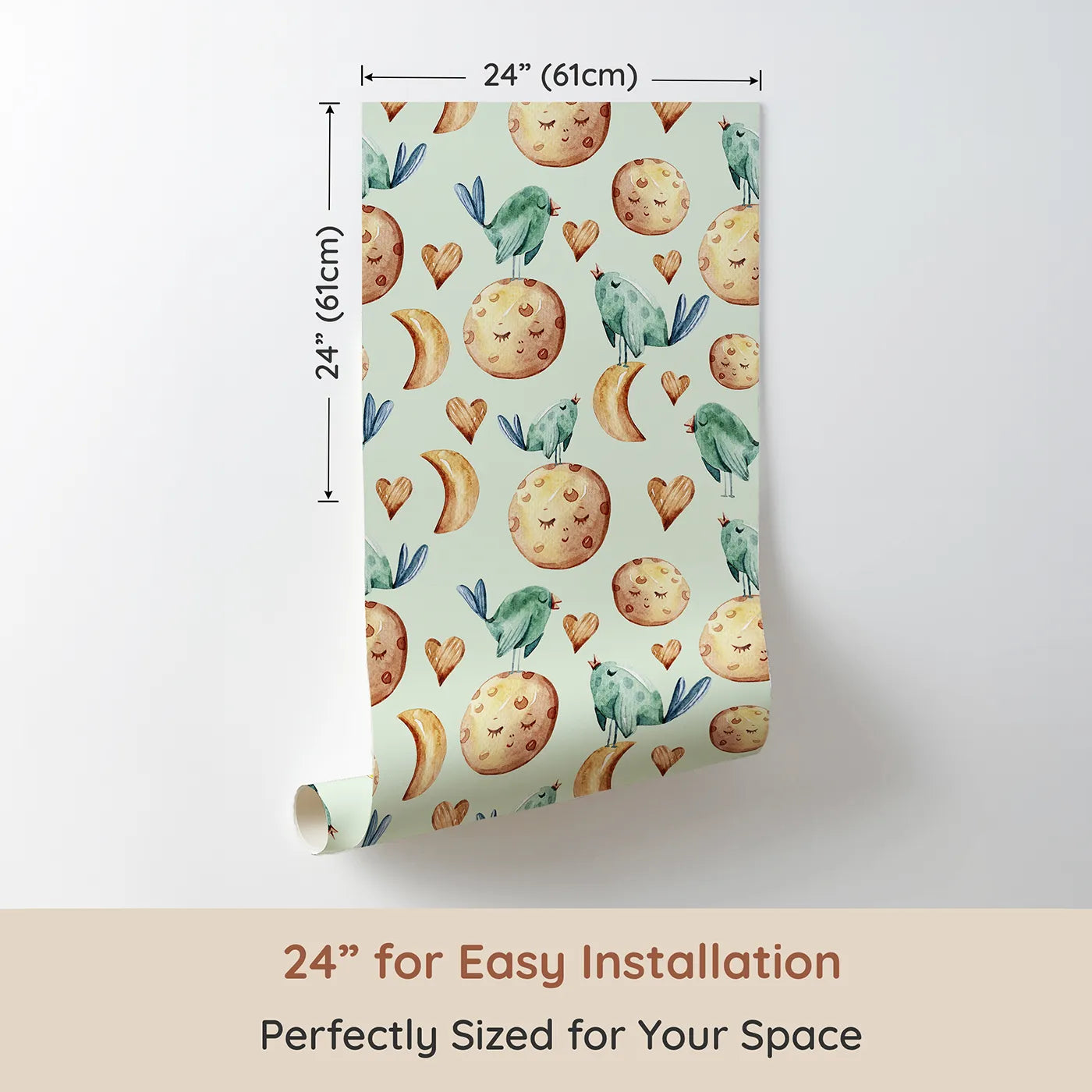 Dimension view of Whimsy Tots Lunar Lullaby Birds Wallpaper in Mint Green (W3426D). Printed in 24-inch-wide panel for easy installation. Birds, moons, and hearts float gently through a minty green night.
