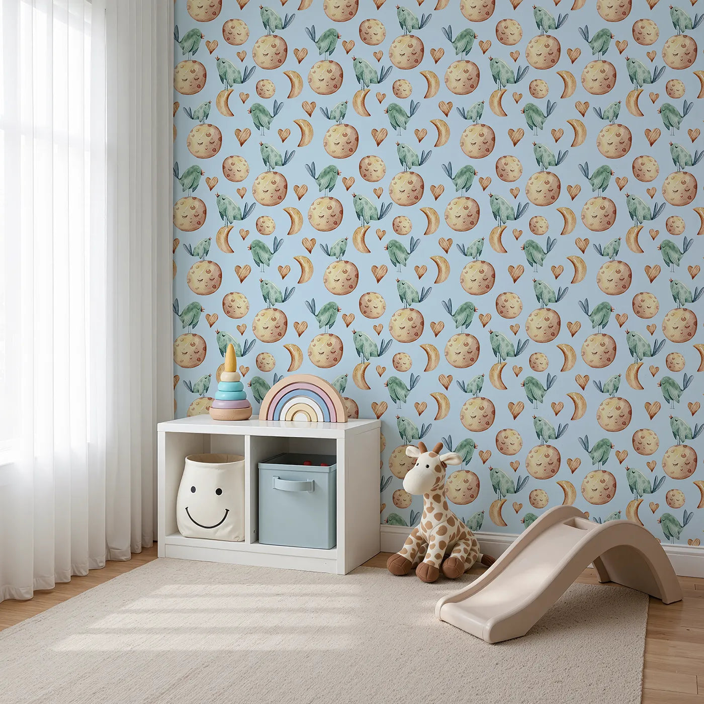 Angled view of Whimsy Tots' Lunar Lullaby Birds Wallpaper in Sky Blue (W3426E).Moons, hearts, and birds float across a gentle blue evening.