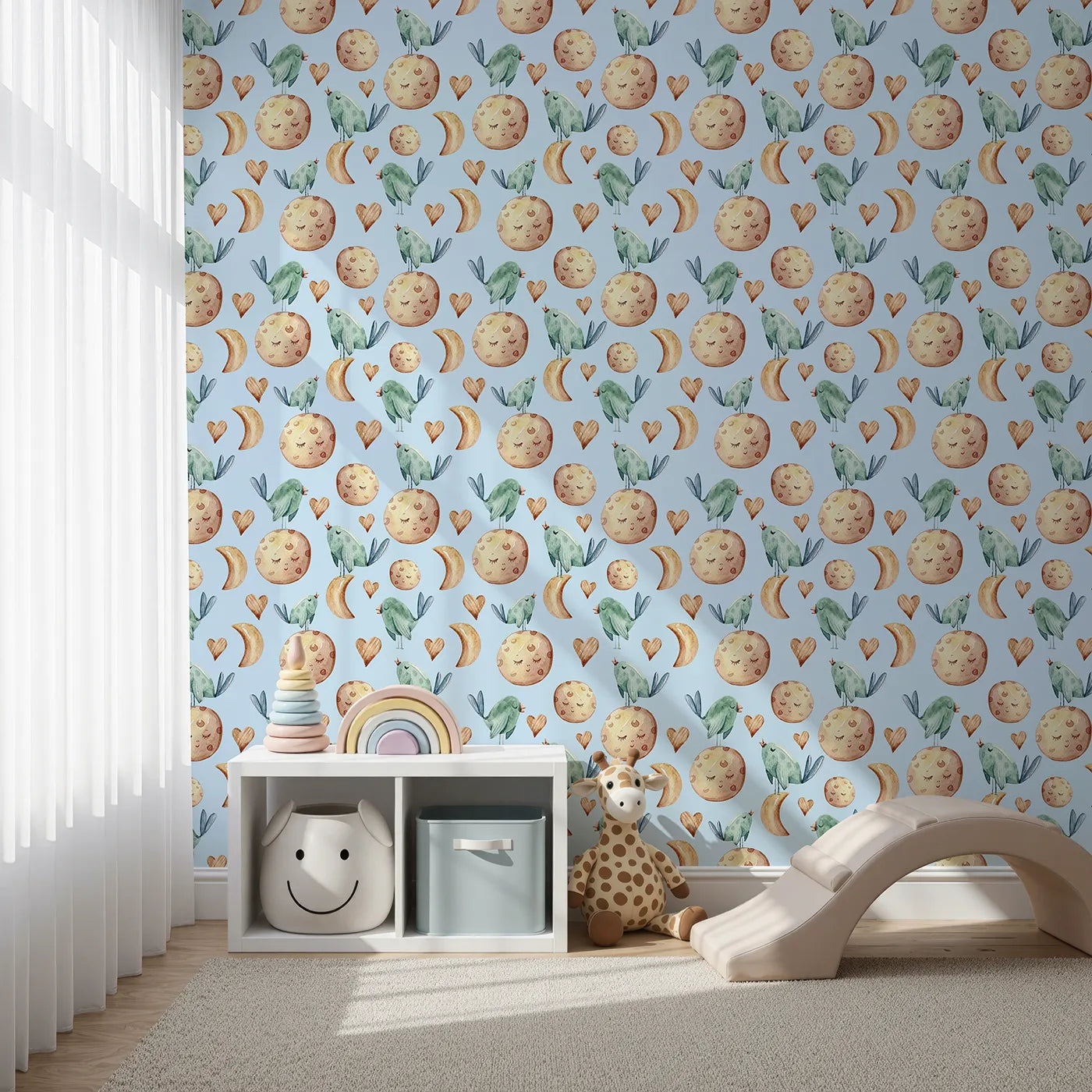 Front view of Whimsy Tots' Lunar Lullaby Birds Wallpaper in Sky Blue