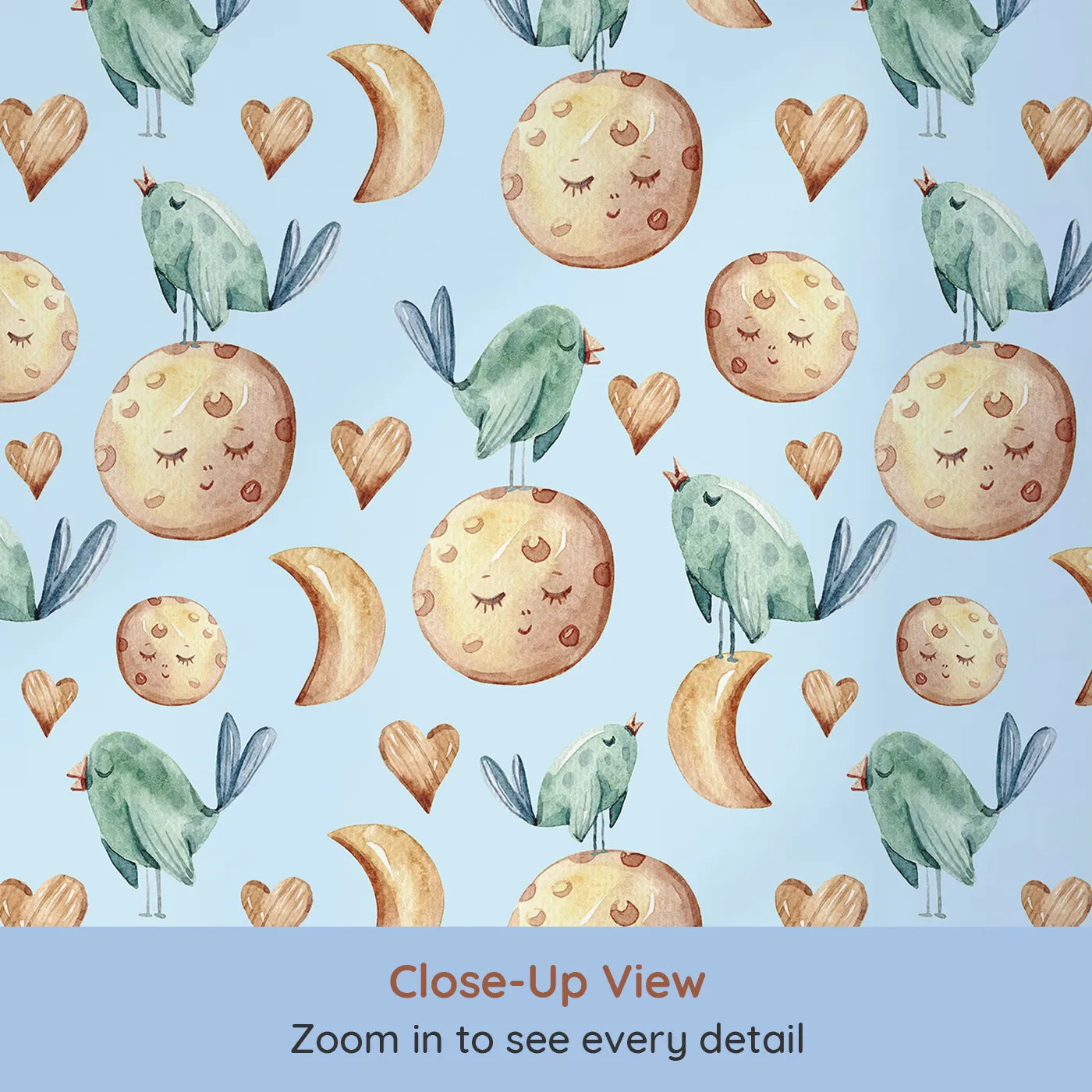 Close-up view of Whimsy Tots' Lunar Lullaby Birds Wallpaper in Sky Blue (W3426E).Moons, hearts, and birds float across a gentle blue evening.