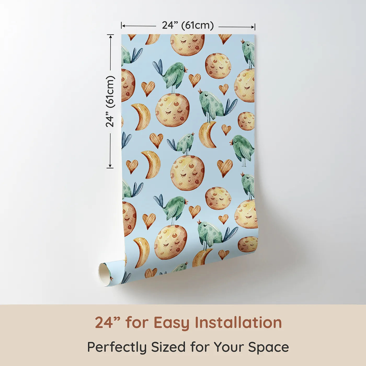 Dimension view of Whimsy Tots Lunar Lullaby Birds Wallpaper in Sky Blue (W3426E). Printed in 24-inch-wide panel for easy installation. Moons, hearts, and birds float across a gentle blue evening.