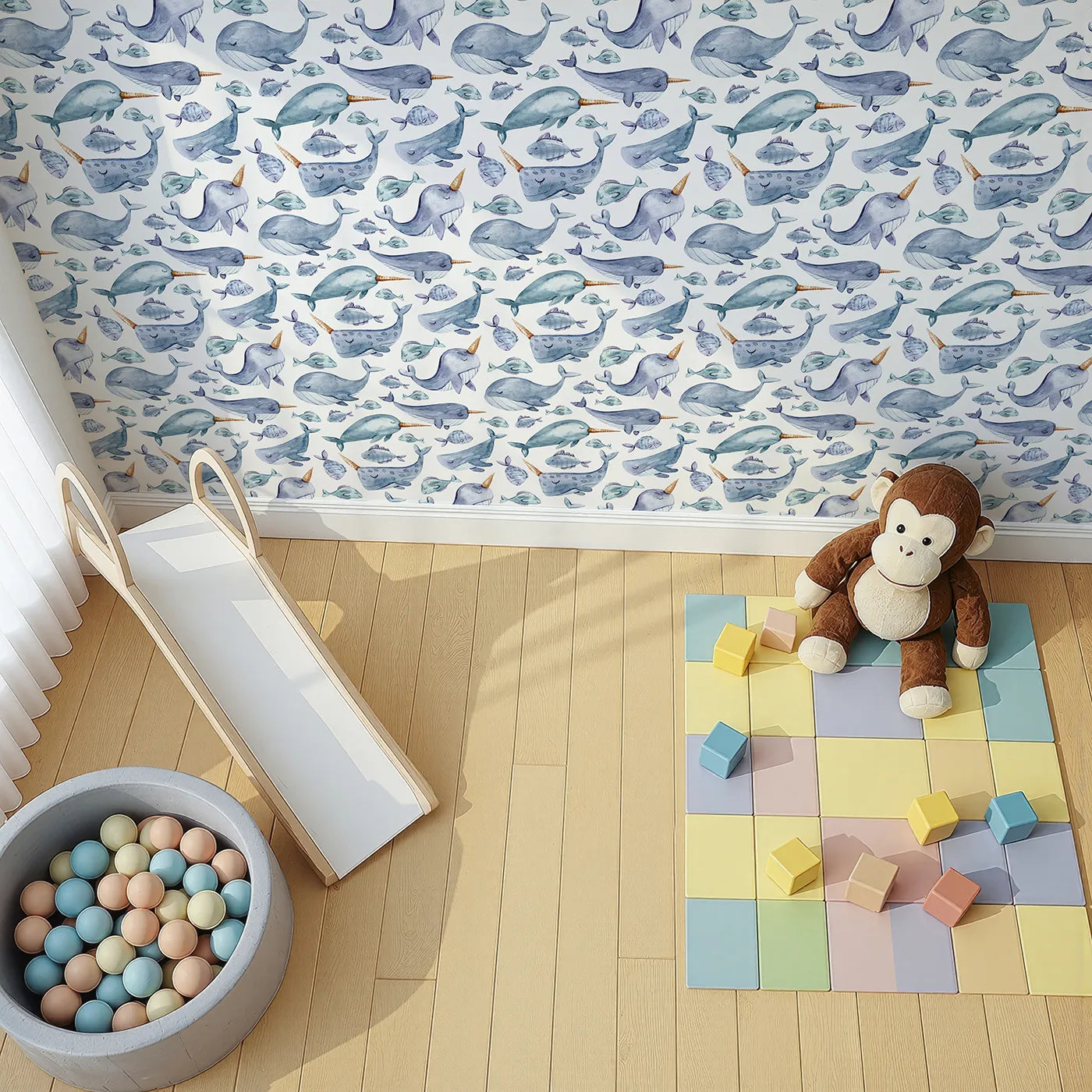 Top-Down view of Whimsy Tots' Sleepy Sea Friends Wallpaper in White (W3427A).Whales, narwhals, and sleepy fish drift softly through the sea.