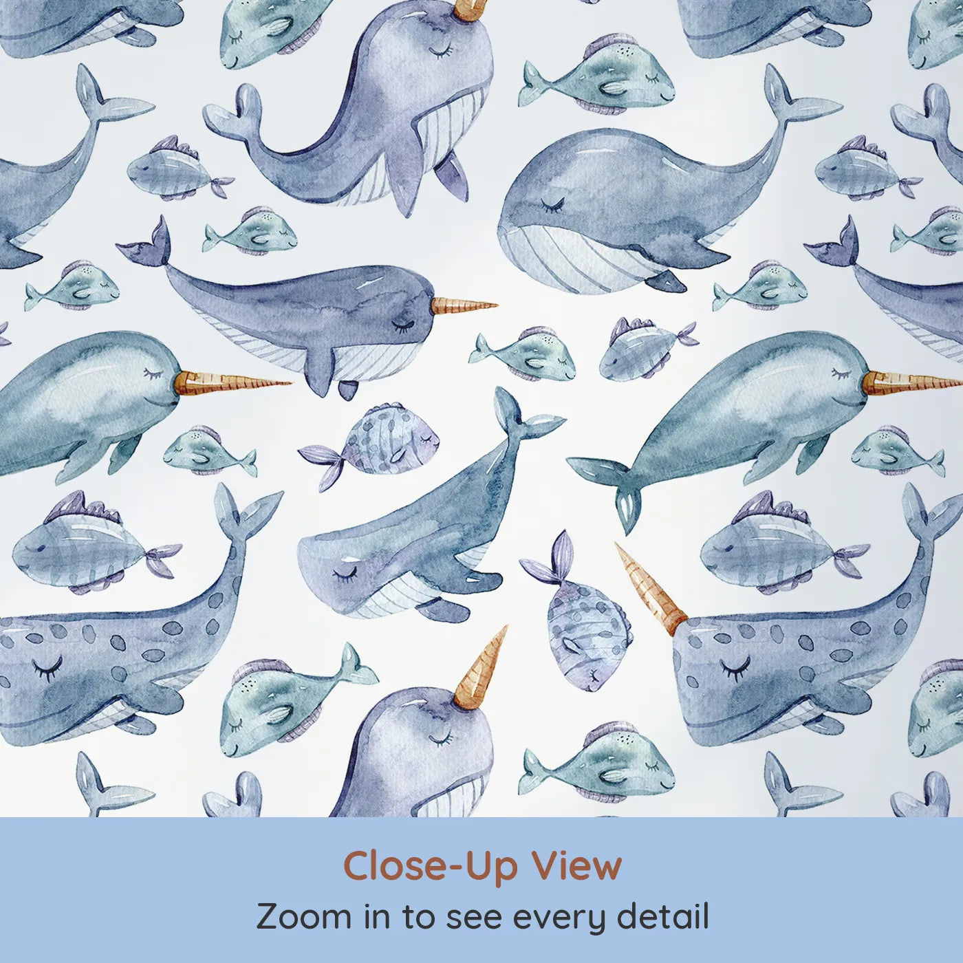 Close-up view of Whimsy Tots' Sleepy Sea Friends Wallpaper in White (W3427A).Whales, narwhals, and sleepy fish drift softly through the sea.