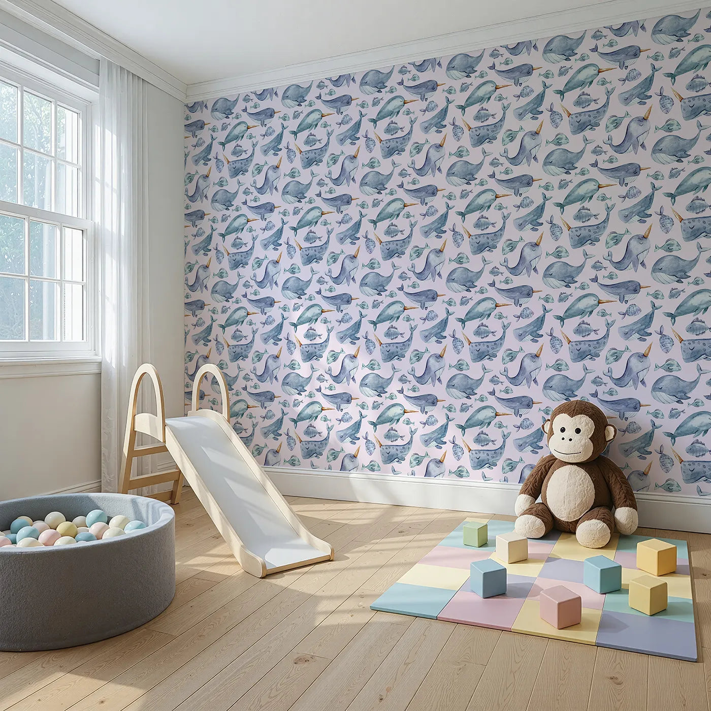 Angled view of Whimsy Tots' Sleepy Sea Friends Wallpaper in Blush Pink (W3427B).Gentle marine creatures drift softly through a pink ocean dream.