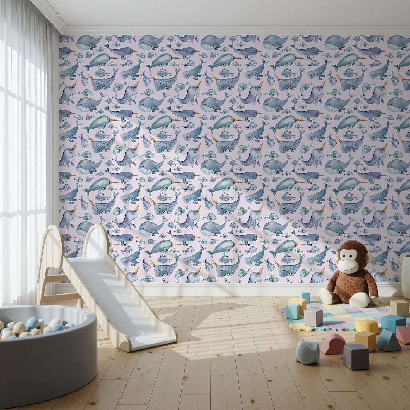 Front view of Whimsy Tots' Sleepy Sea Friends Wallpaper in Blush Pink