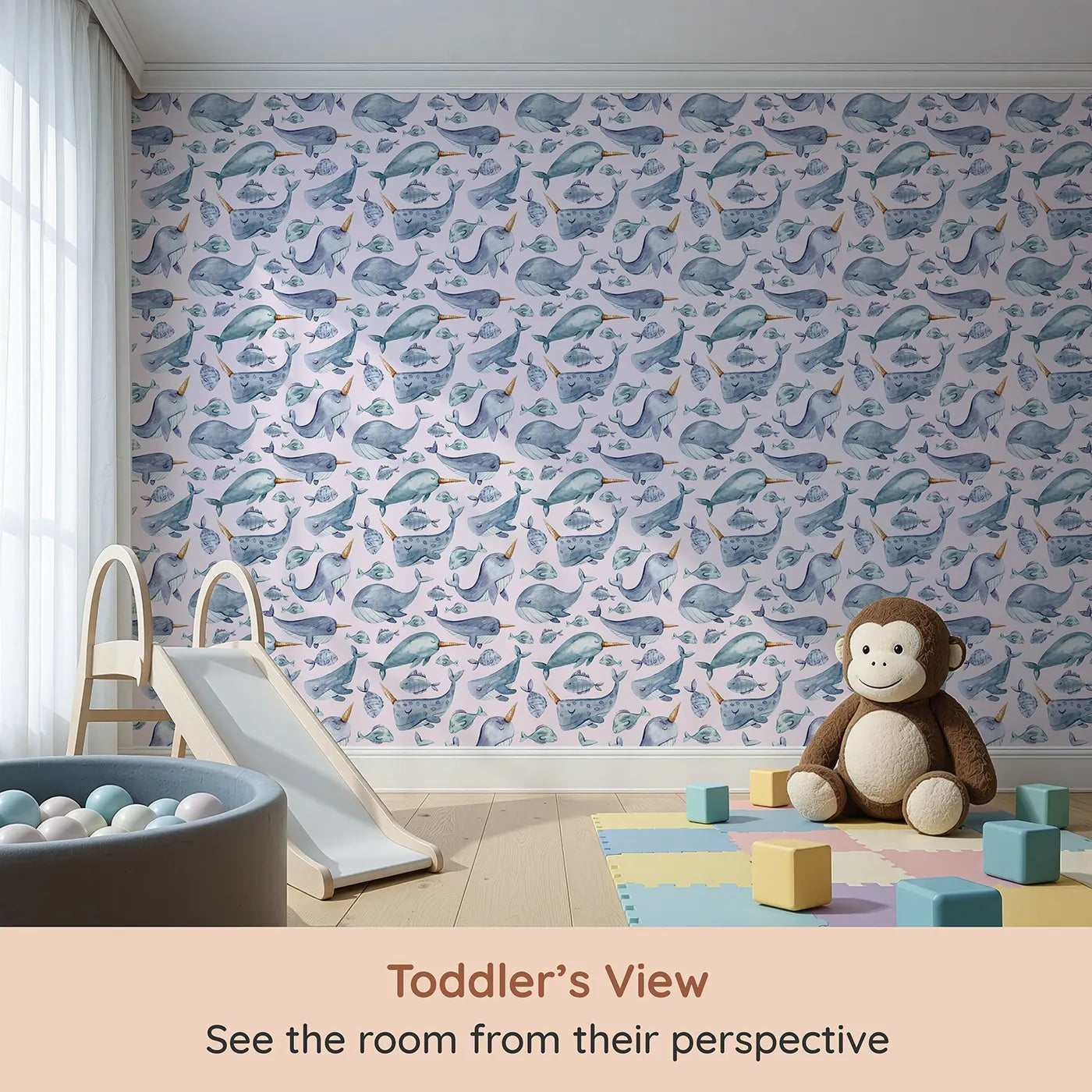 Whimsy Tots Sleepy Sea Friends Wallpaper in Blush Pink (W3427B) from your child's view.Gentle marine creatures drift softly through a pink ocean dream.