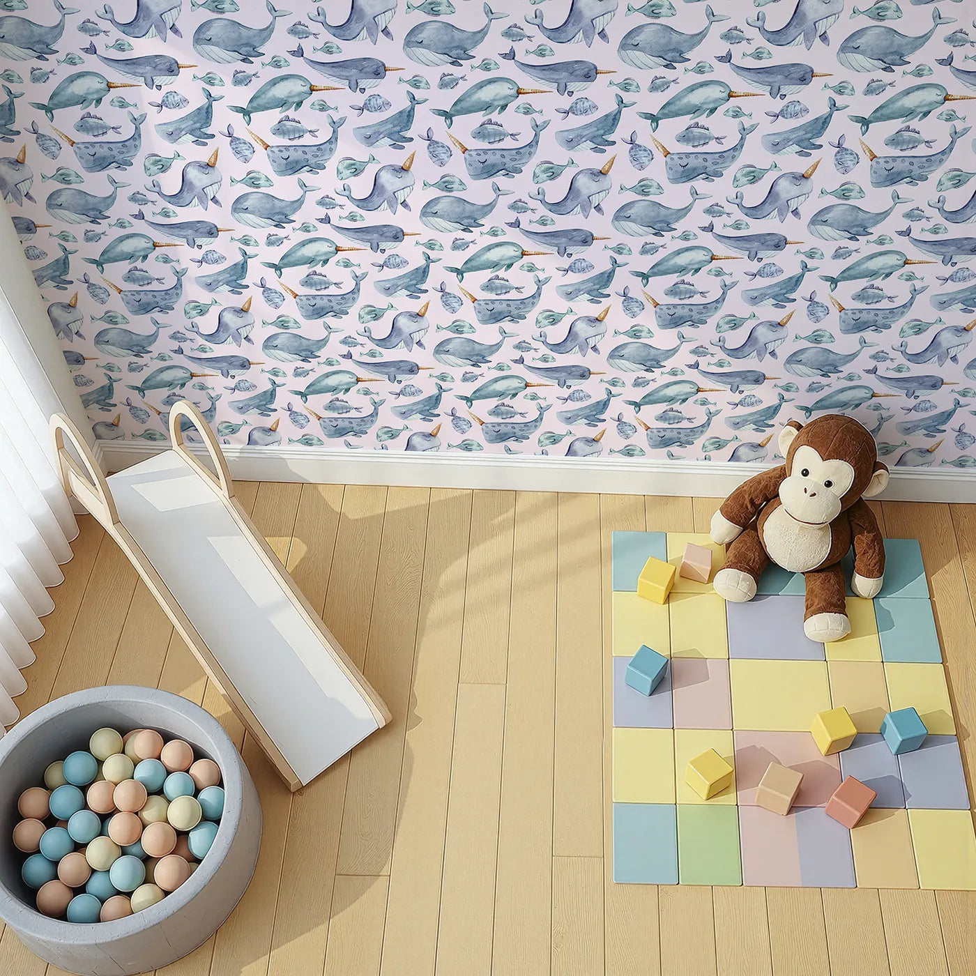 Top-Down view of Whimsy Tots' Sleepy Sea Friends Wallpaper in Blush Pink (W3427B).Gentle marine creatures drift softly through a pink ocean dream.