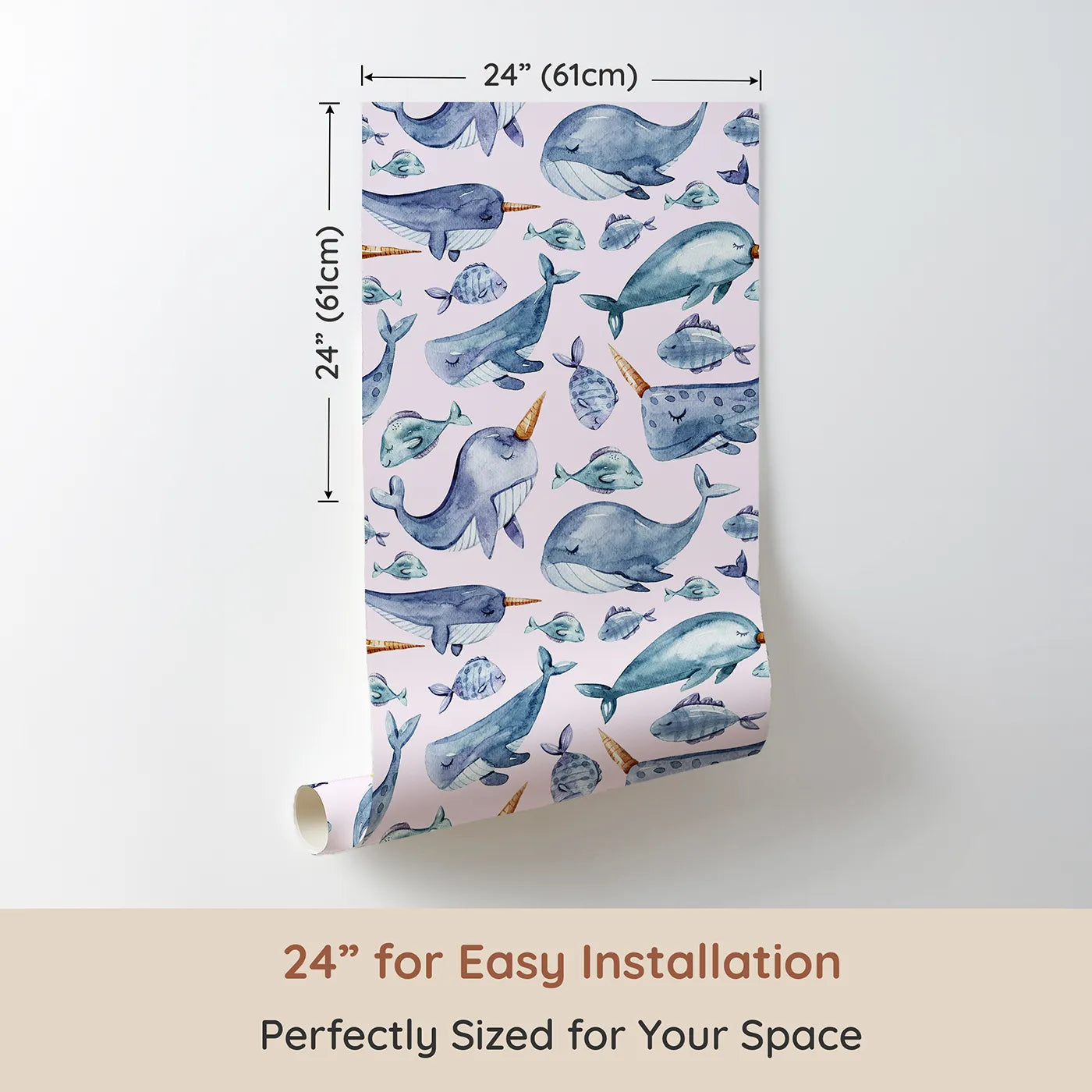 Dimension view of Whimsy Tots Sleepy Sea Friends Wallpaper in Blush Pink (W3427B). Printed in 24-inch-wide panel for easy installation. Gentle marine creatures drift softly through a pink ocean dream.