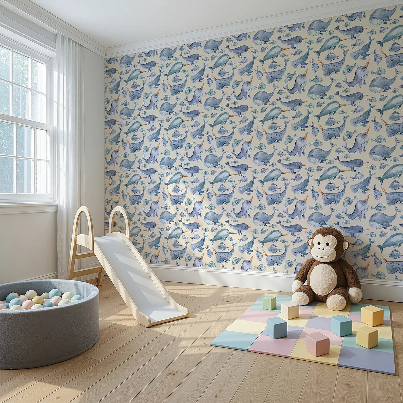Angled view of Whimsy Tots' Sleepy Sea Friends Wallpaper in Sand (W3427C).Gentle narwhals, whales, and fish snooze in a sea of sandy calm.