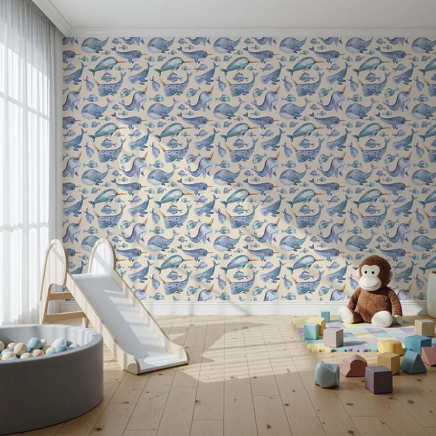 Front view of Whimsy Tots' Sleepy Sea Friends Wallpaper in Sand